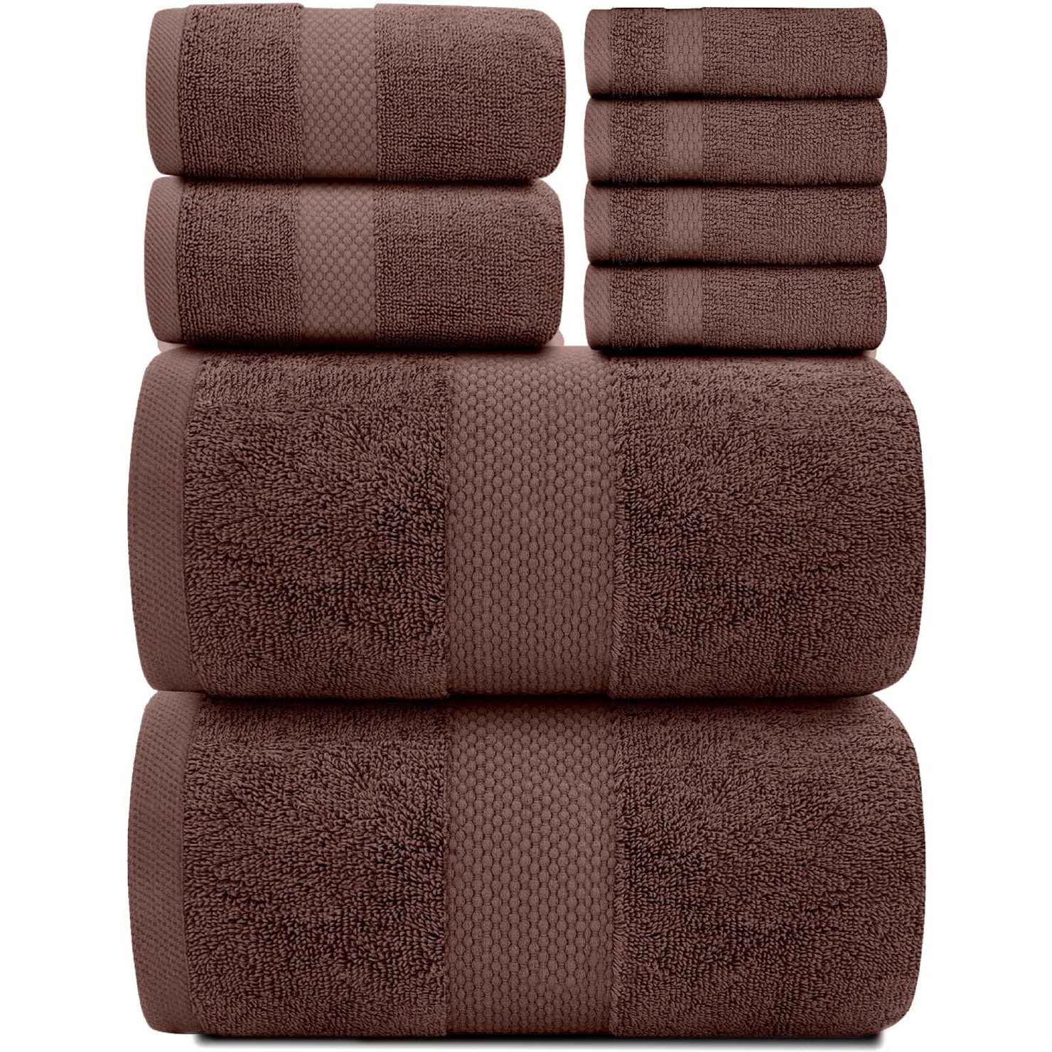 White Classic Luxury Brown Bath Towel Set - Combed Cotton Hotel Quality Absorbent 8 Piece Towels | 2 Bath Towels | 2 Hand Towels | 4 Washcloths [Worth 72.95] 8 Pack | Brown
