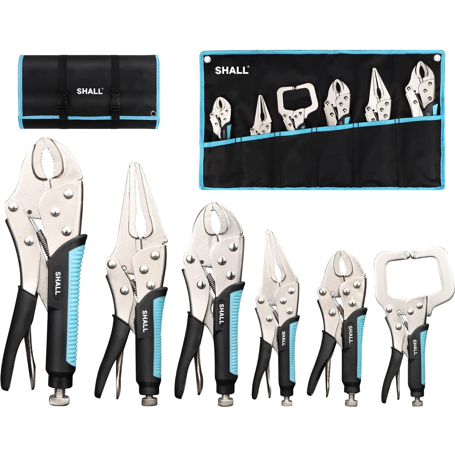 Shall 6-Piece Locking Pliers, Vice Grips Pliers Set, 5"",7"" & 10"" Curved Jaw Locking Pliers, 6-1/2"" & 9-1/2 Long Nose Locking Pliers, 6"" Locking C-Clamp, Two-Color Tpr Handle, Roll Up Pouch Included