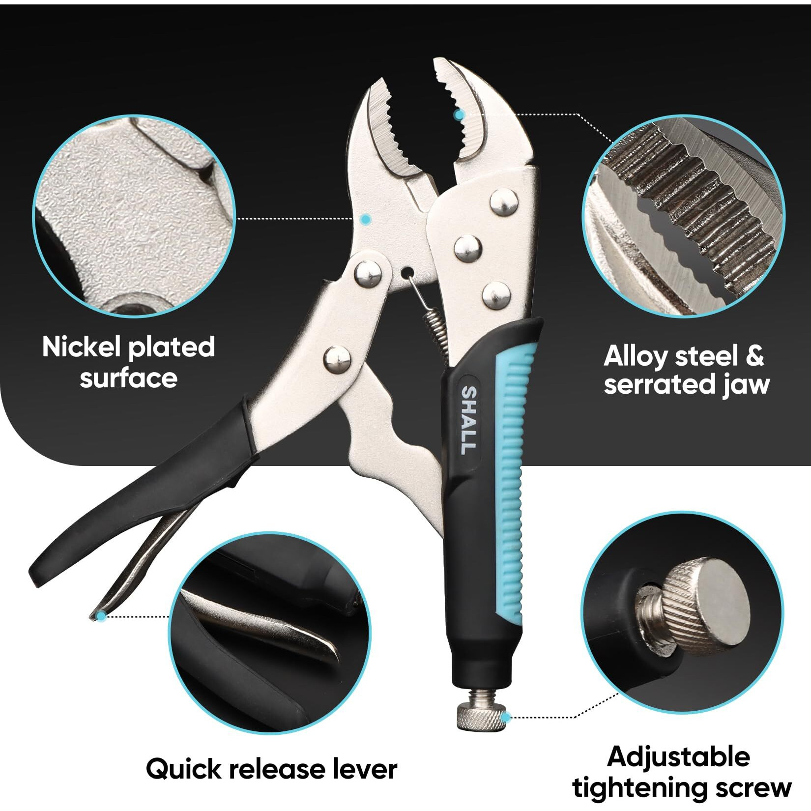 Shall 6-Piece Locking Pliers, Vice Grips Pliers Set, 5"",7"" & 10"" Curved Jaw Locking Pliers, 6-1/2"" & 9-1/2 Long Nose Locking Pliers, 6"" Locking C-Clamp, Two-Color Tpr Handle, Roll Up Pouch Included