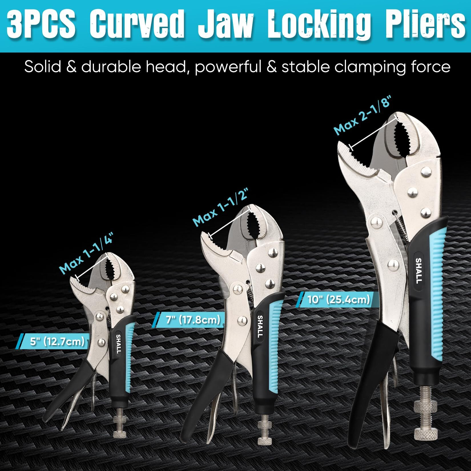 Shall 6-Piece Locking Pliers, Vice Grips Pliers Set, 5"",7"" & 10"" Curved Jaw Locking Pliers, 6-1/2"" & 9-1/2 Long Nose Locking Pliers, 6"" Locking C-Clamp, Two-Color Tpr Handle, Roll Up Pouch Included