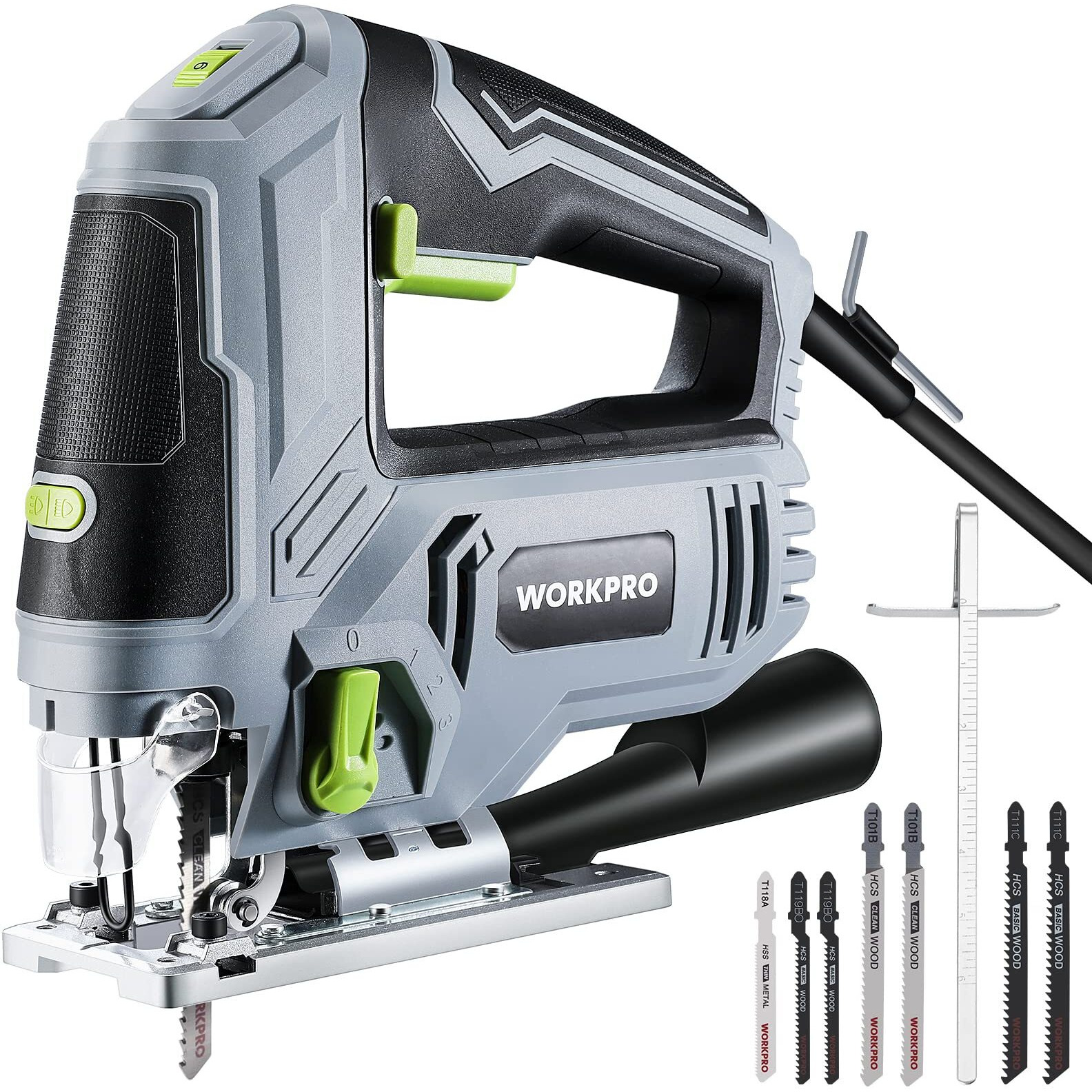 Workpro Jigsaw, 6.5Amp 850W Corded Electric Jig Saw Tool Kit With 6 Variable Speeds, 7 Blades, 45 Bevel Cutting, Led Light, 3000 Spm, 4 Orbital Settings, Edge Guide, Tool-Free Blade Changing