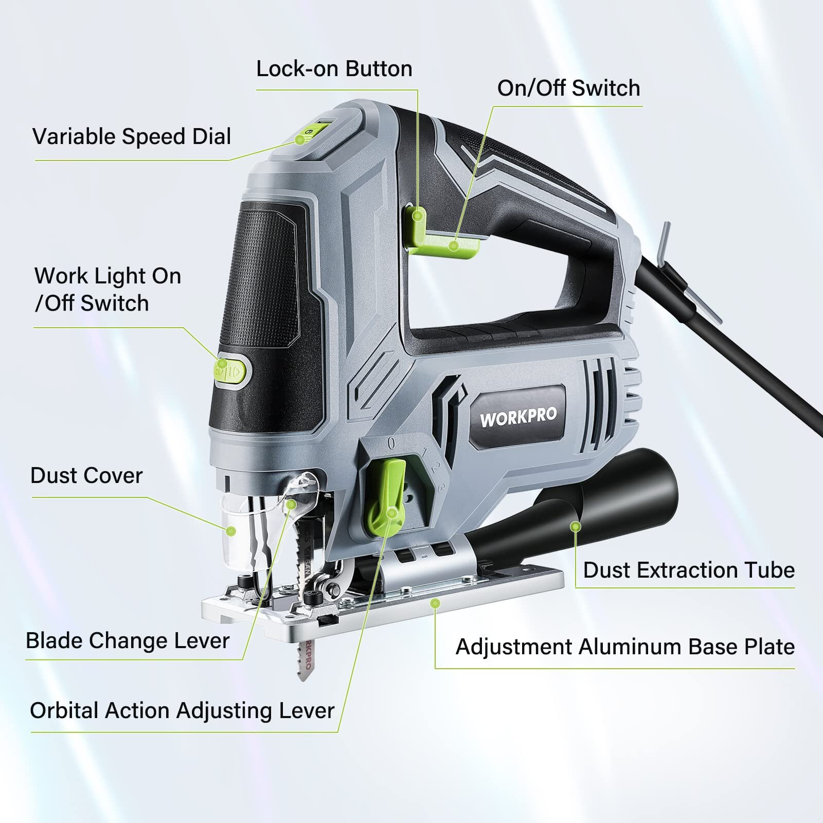 Workpro Jigsaw, 6.5Amp 850W Corded Electric Jig Saw Tool Kit With 6 Variable Speeds, 7 Blades, 45 Bevel Cutting, Led Light, 3000 Spm, 4 Orbital Settings, Edge Guide, Tool-Free Blade Changing