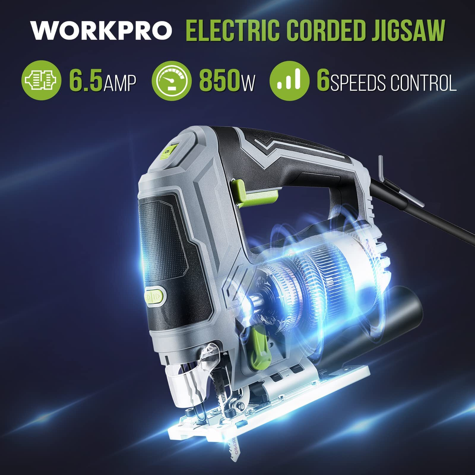Workpro Jigsaw, 6.5Amp 850W Corded Electric Jig Saw Tool Kit With 6 Variable Speeds, 7 Blades, 45 Bevel Cutting, Led Light, 3000 Spm, 4 Orbital Settings, Edge Guide, Tool-Free Blade Changing