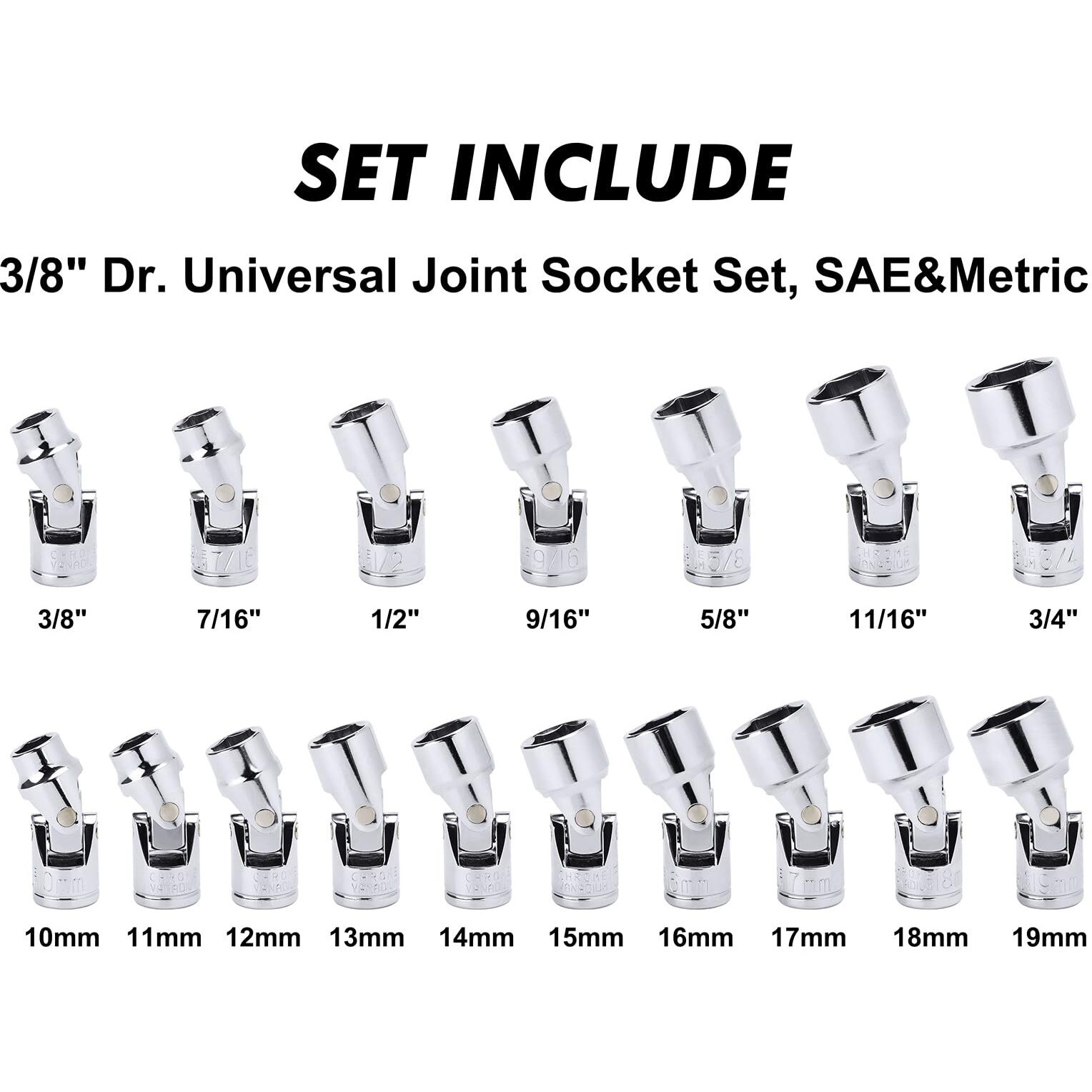Casoman 17Pcs 3/8"" Drive Universal Flex Socket Set, Sae&Metric, 3/8"" To 3/4"", 10Mm To 19Mm, 6-Point, Cr-V, Swivel Head, 360 Degree Access