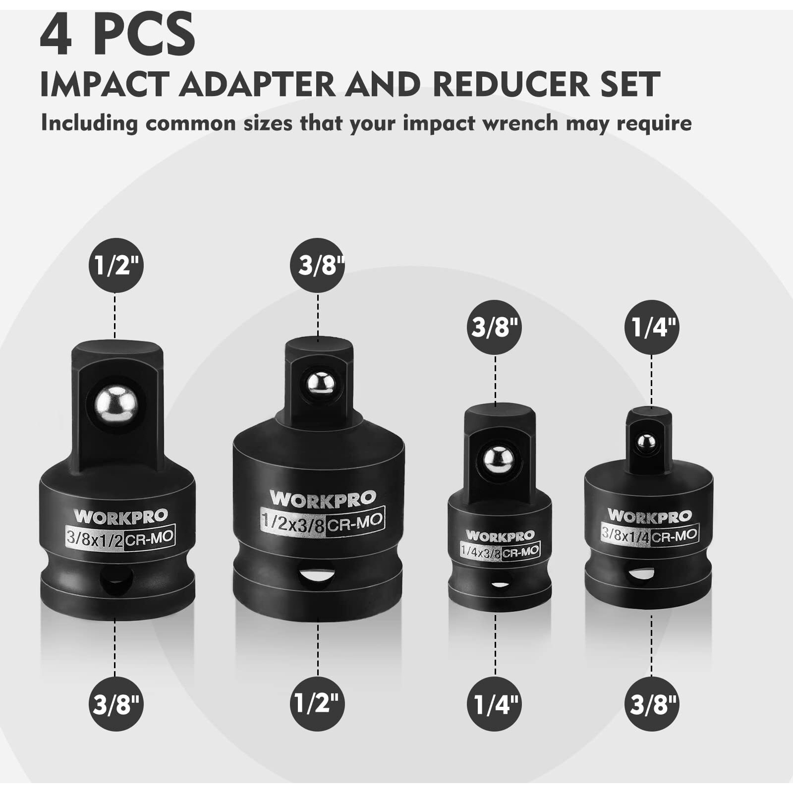 Workpro 4-Piece Impact Socket Adapter And Reducer Set, 1/4"", 3/8"", 1/2"" Drive Socket Adapter Set, Impact Driver And Wrench Conversion Kit, Socket Reducer, Premium Cr-Mo Steel Made