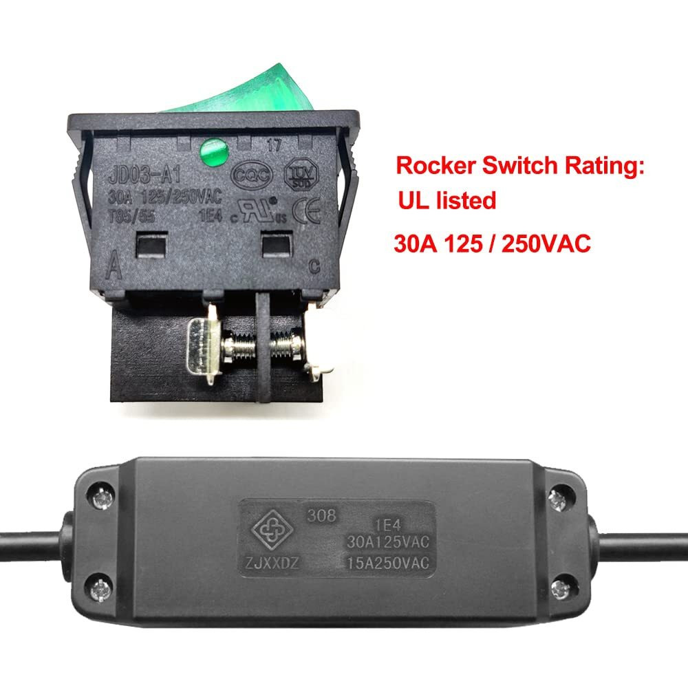 Inline On/Off Cord Switch, 30A Ac125V/250V Large Current Heavy Duty Appliance Rocker Light Switch For High Power Lamp Or Equipment, Green Led