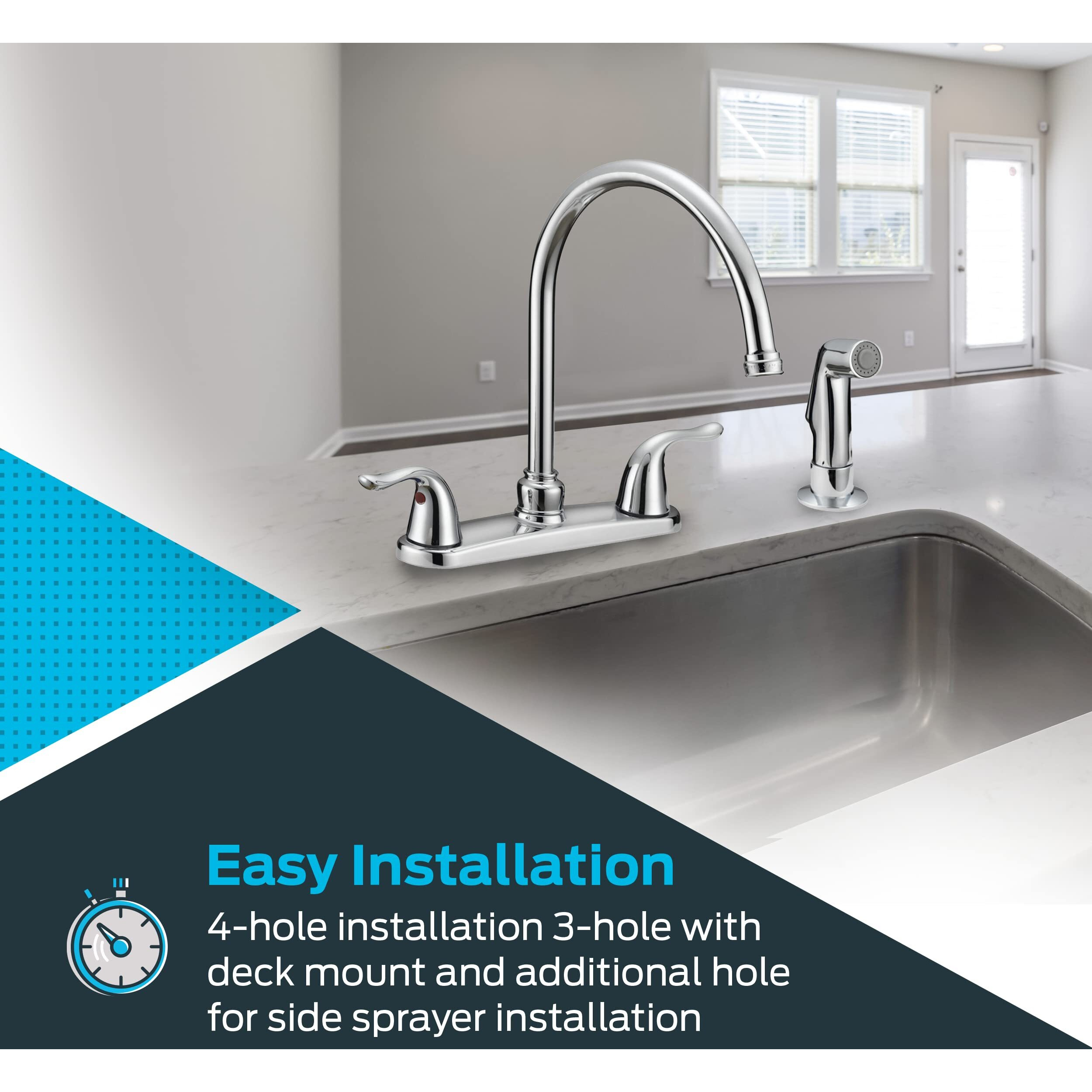 Ez-Flo Kitchen Faucet, Kitchen Sink Faucet With 2 Handles And Pull-Out Side Sprayer, 4-Hole Installation, Chrome, 10201