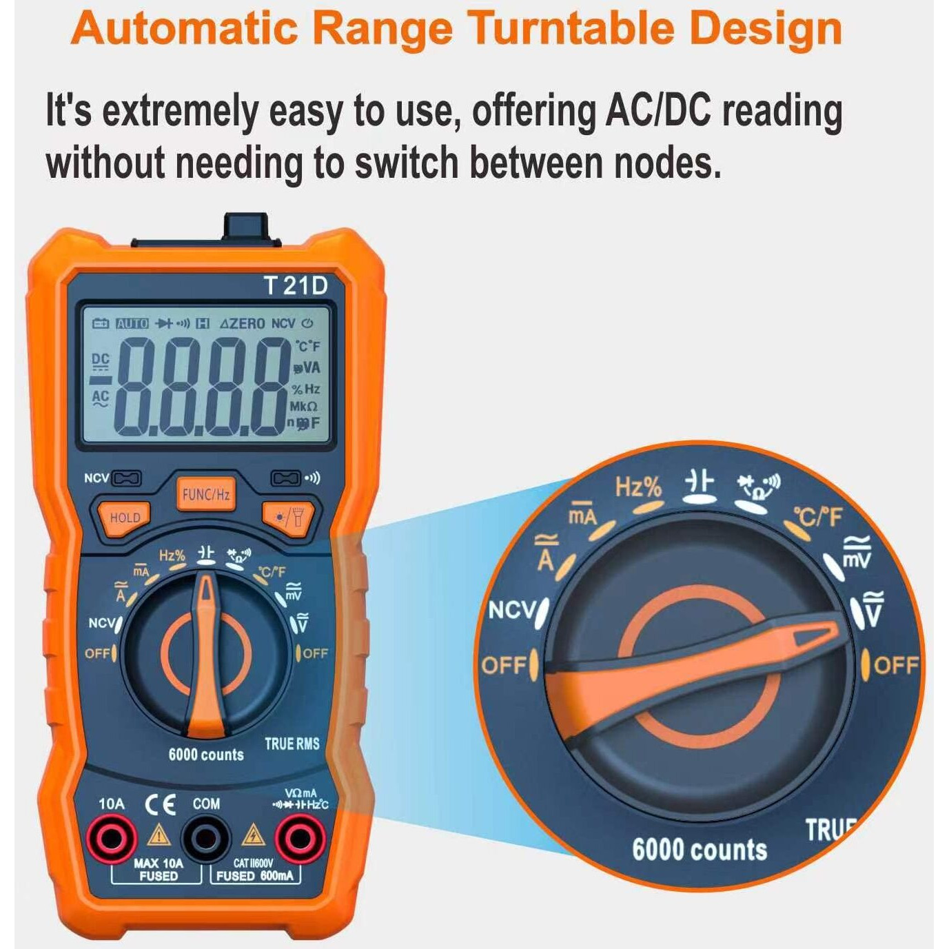 Auto-Ranging Digital Multimeter, Trms 6000 Counts Ac Dc Voltmeter Ohm Volt Amp Meter, Electrical Multimeter Tester With Ncv, Measure Capacitance Current Resistance Temp Continuity Diode Duty Cycle