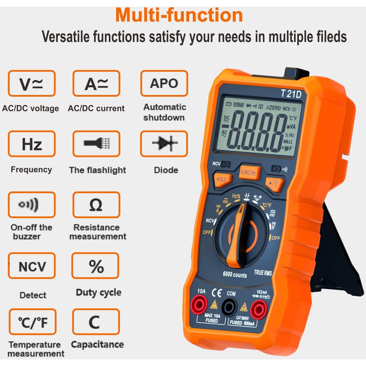 Auto-Ranging Digital Multimeter, Trms 6000 Counts Ac Dc Voltmeter Ohm Volt Amp Meter, Electrical Multimeter Tester With Ncv, Measure Capacitance Current Resistance Temp Continuity Diode Duty Cycle