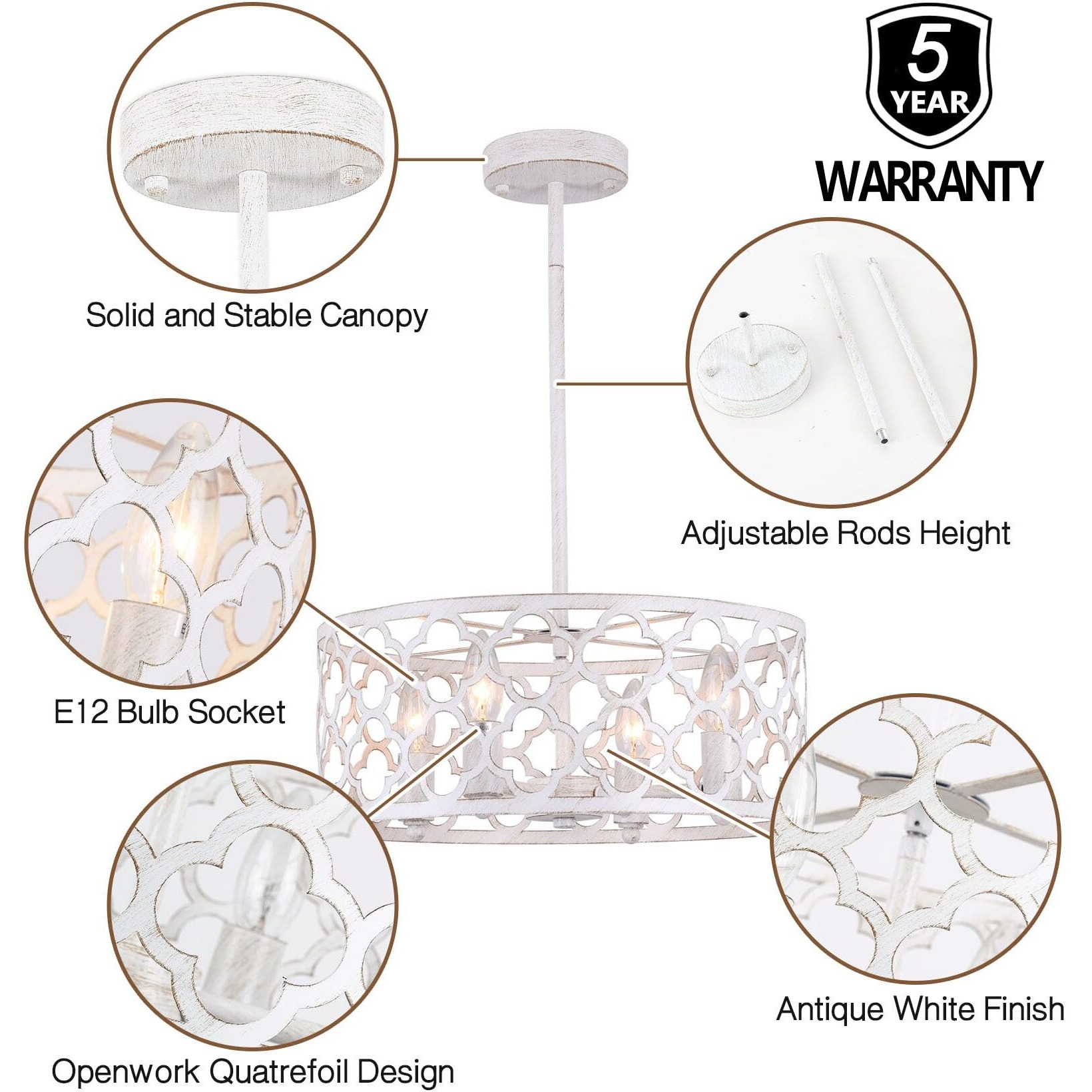 Bargeni Farmhouse Chandelier,15 Inch Rustic Ceiling Light Fixture,Antique White Finish,4-Light Dining Room Light Fixture For Kitchen Island,Bedroom,Entryway,Foyer