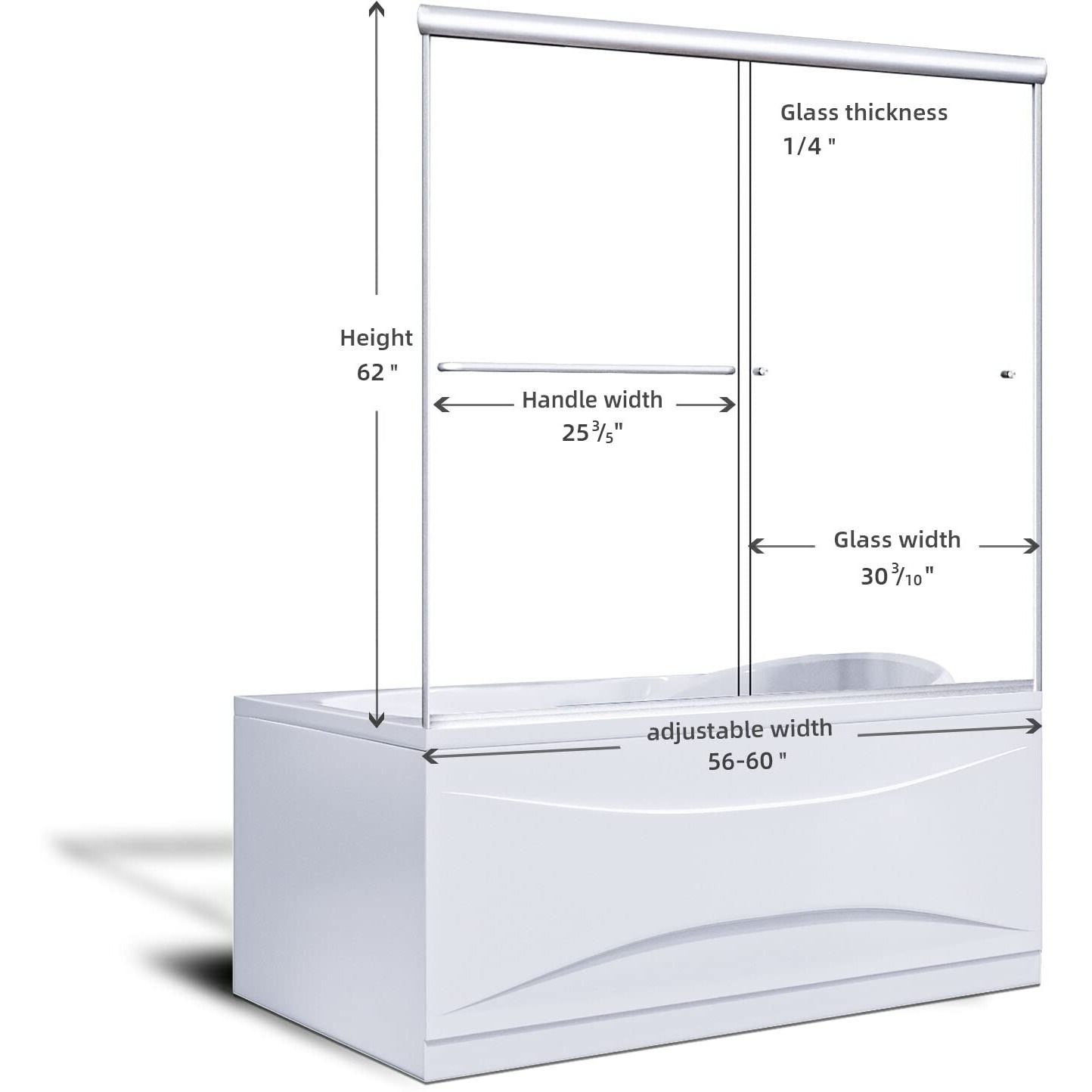 Sunny Shower Glass Sliding Shower Door For Bathtub 60 W X 57.4 H Inches Double Sliding Shower Bath-Tub Door 1/4 Inches Clear Glass Shower Enclosure Doors For Bathroom With Brushed Nickel Finish