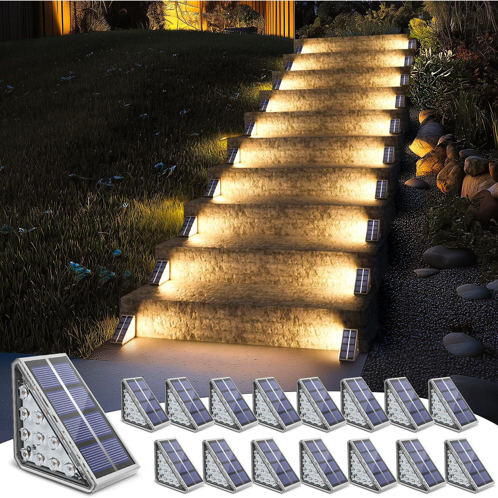 Niorsun Solar Stair Lights Outdoor Waterproof Ip67,16 Pack Solar Step Lights For Outside Auto On Off,Solar Lights For Steps,Stair,Patio,Yard,Porch,Front Door,Sidewalk,Deck Decor,Warm White