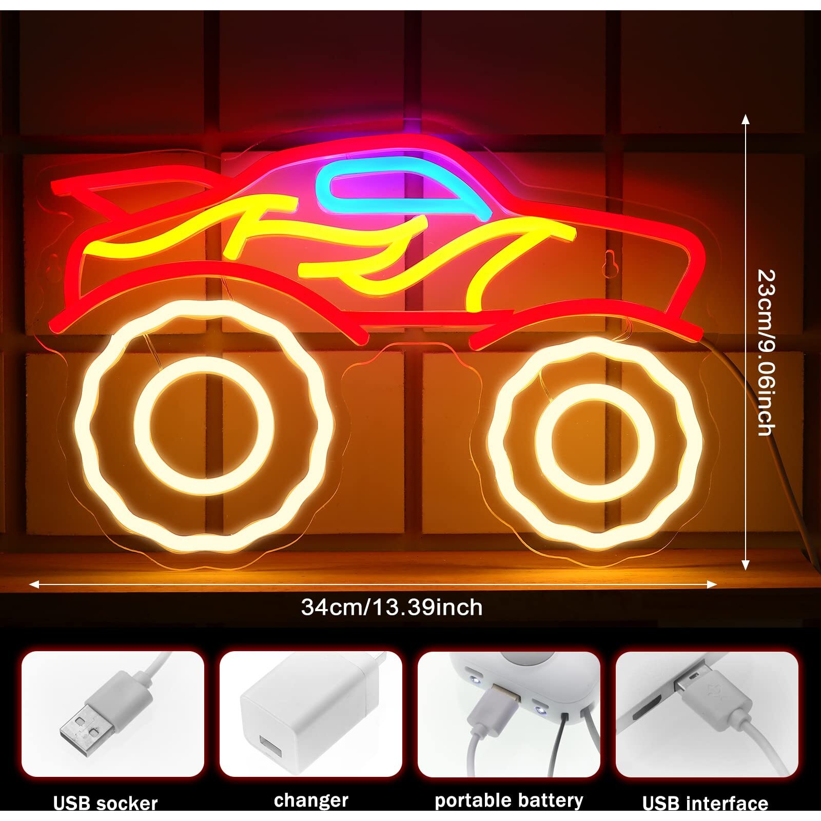 Riakrum Truck Neon Sign Dump Truck Led Neon Light Monster Usb Powered Acrylic Car Neon Sign For Wall Decor Kids Boys Room Playroom Birthday Party