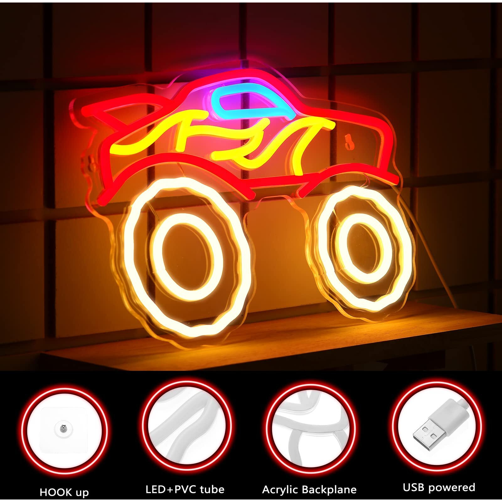 Riakrum Truck Neon Sign Dump Truck Led Neon Light Monster Usb Powered Acrylic Car Neon Sign For Wall Decor Kids Boys Room Playroom Birthday Party