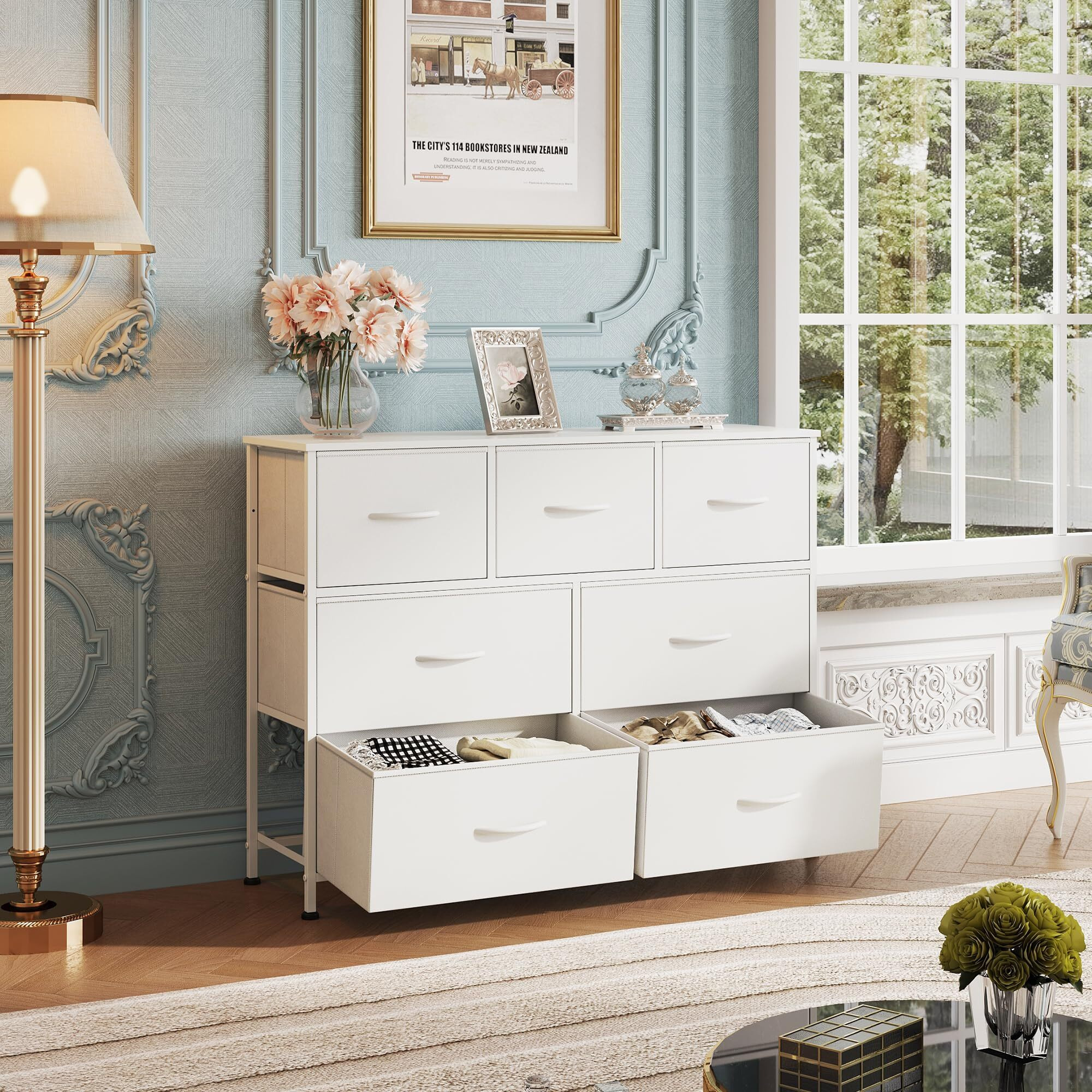 Wlive Dresser With 7 Drawers, Dressers For Bedroom, Fabric Storage Tower, Hallway, Entryway, Closets, Sturdy Steel Frame, Wood Top, Easy Pull Handle, White