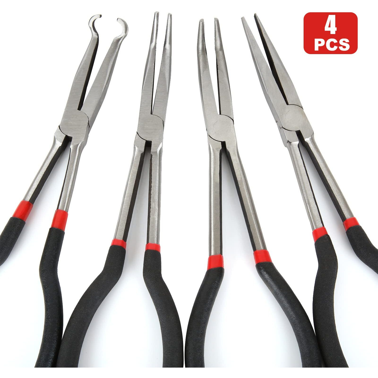 Long Needle Nose Pliers Set, 4 In 1 Bent Needle Nose Pliers 90 Degree, 11 Inch Spark Plug Wire Removal Tool, Pointy Nose Pliers, Pinch Nose Pliers, Snipe Nose Pliers, Curved Nose Pliers