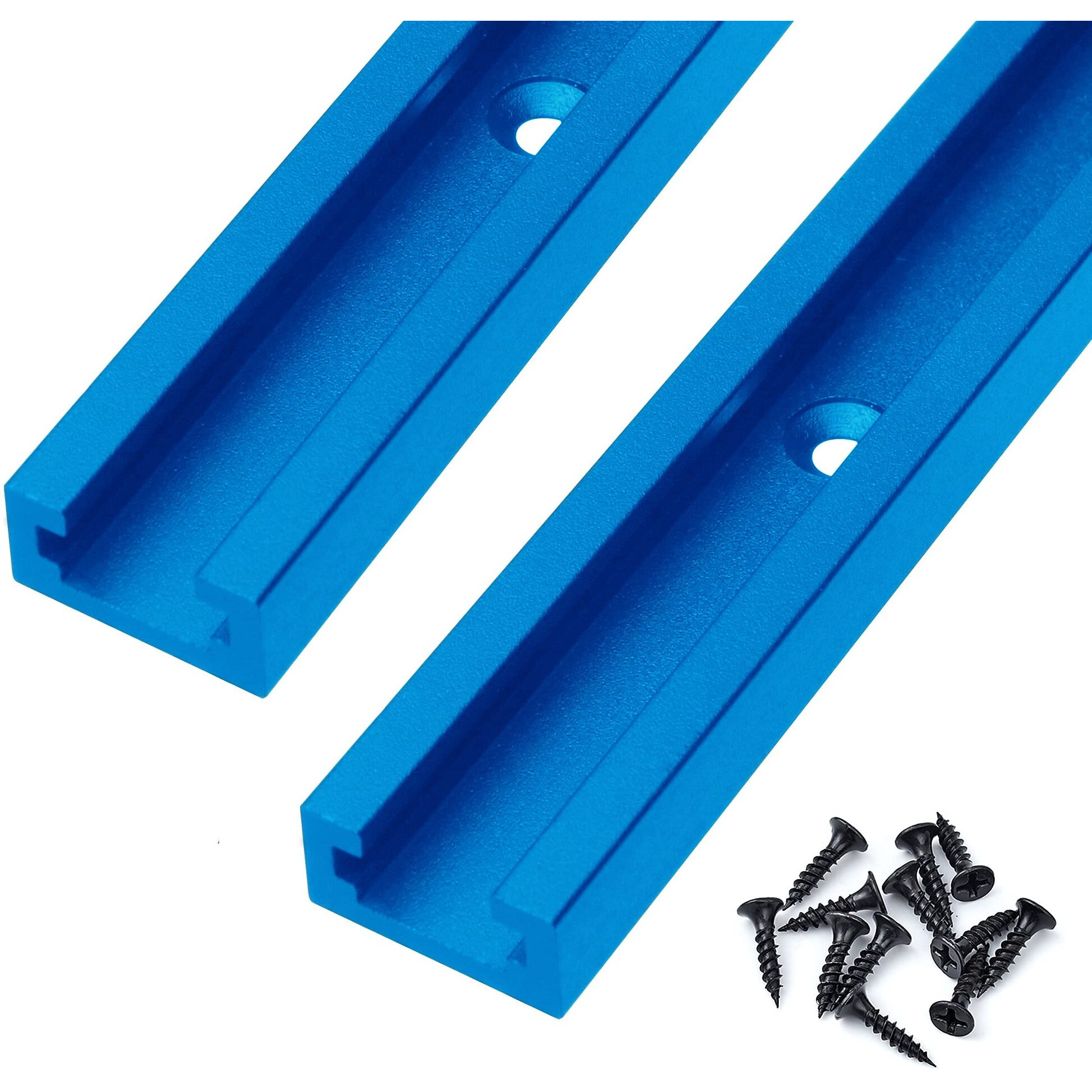 Hottarget Aluminum 24 Inch T-Track With Wood Screws-Double Cut Profile Universal With Predrilled Mounting Holes -Woodworking And Clamps-Frosted Surface Anodized - 2 Pk (Blue)
