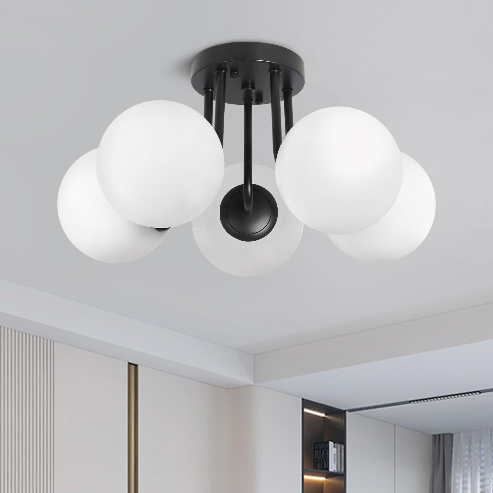Bektas 5-Lights Semi Flush Mount Ceiling Light Fixture Matte Black Light Fixture Bend Modeling With Milk Glass Globe For Bedroom,Living Room,Dinning Room Foyer Hallway