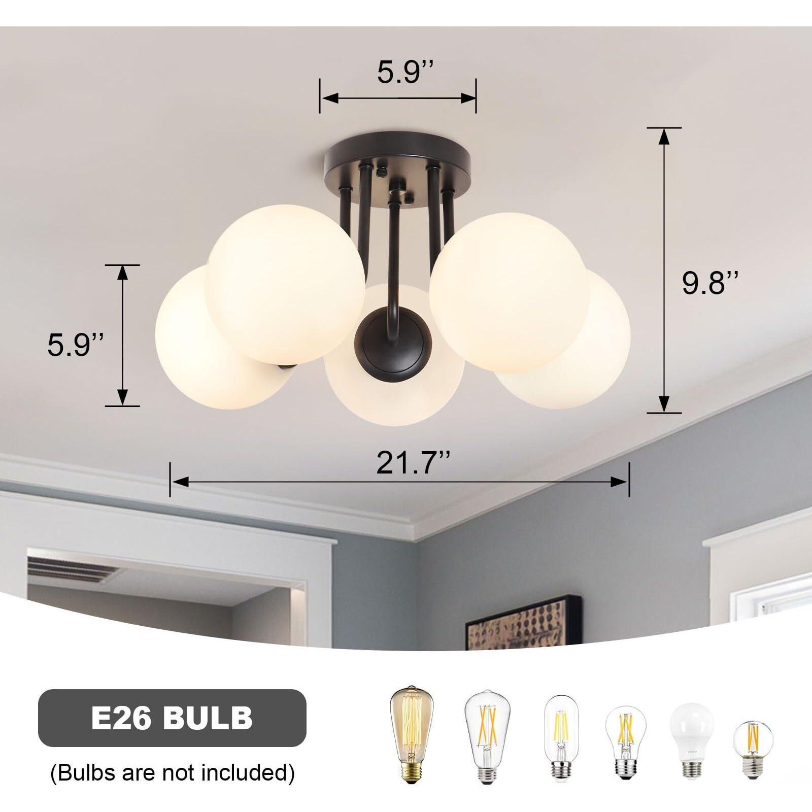 Bektas 5-Lights Semi Flush Mount Ceiling Light Fixture Matte Black Light Fixture Bend Modeling With Milk Glass Globe For Bedroom,Living Room,Dinning Room Foyer Hallway