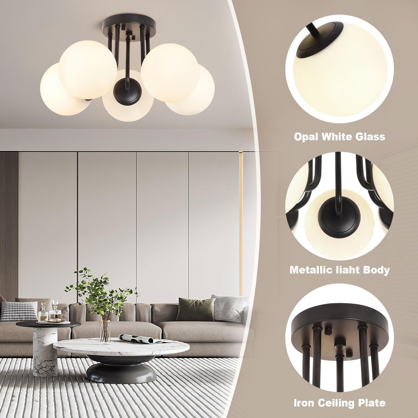 Bektas 5-Lights Semi Flush Mount Ceiling Light Fixture Matte Black Light Fixture Bend Modeling With Milk Glass Globe For Bedroom,Living Room,Dinning Room Foyer Hallway
