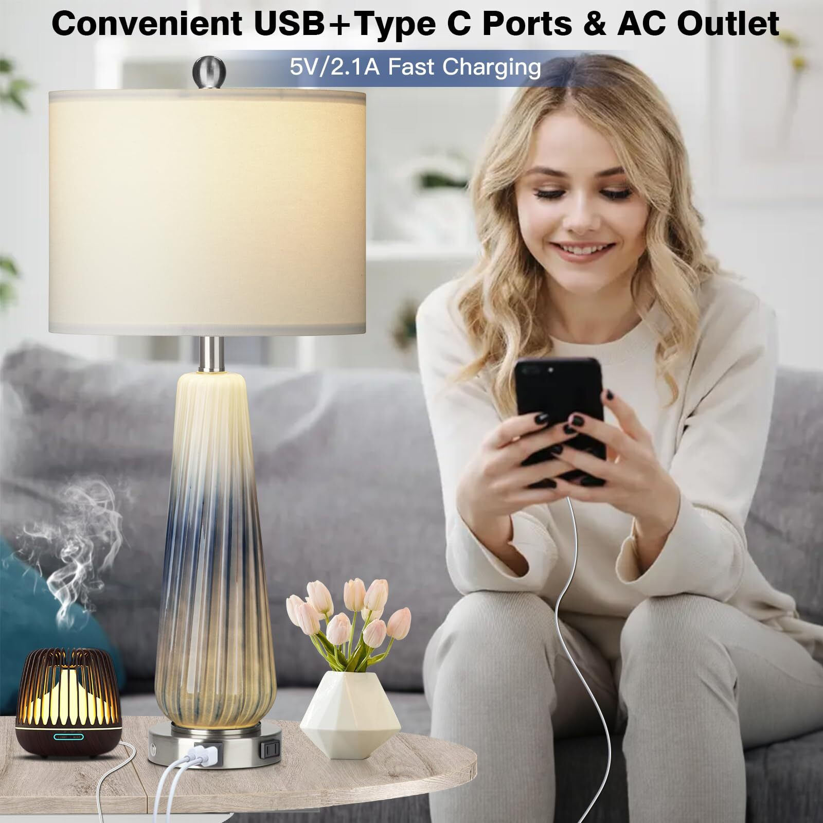 28"" Glass Table Lamp Set Of 2, Modern Table Lamps With Usb A+C Ports & Ac Outlet, Touch Control Bedside Nightstand Lamp With Led Night Light & White Fabric Shade For Living Room Blue(4 Bulbs Included)
