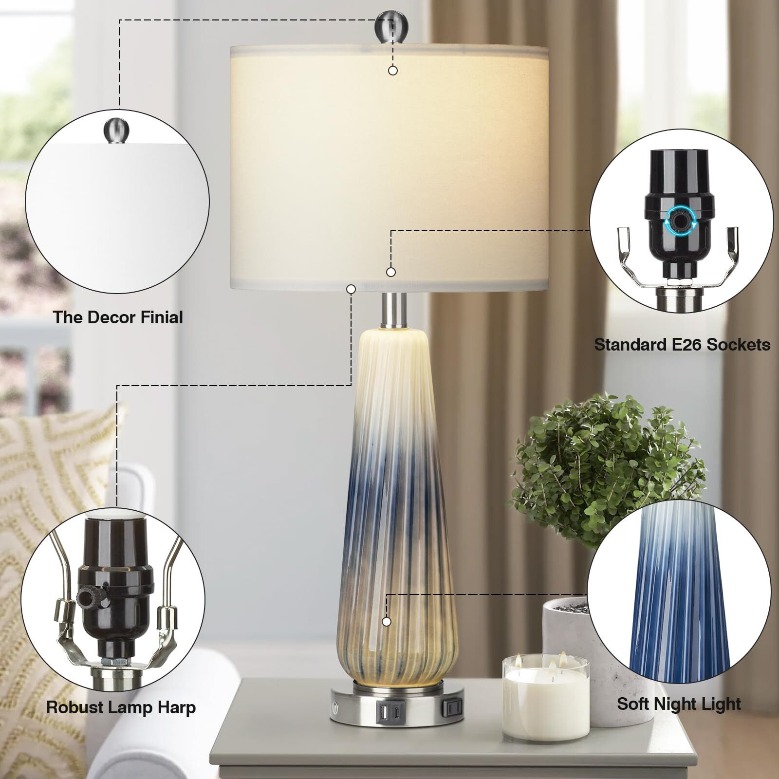 28"" Glass Table Lamp Set Of 2, Modern Table Lamps With Usb A+C Ports & Ac Outlet, Touch Control Bedside Nightstand Lamp With Led Night Light & White Fabric Shade For Living Room Blue(4 Bulbs Included)