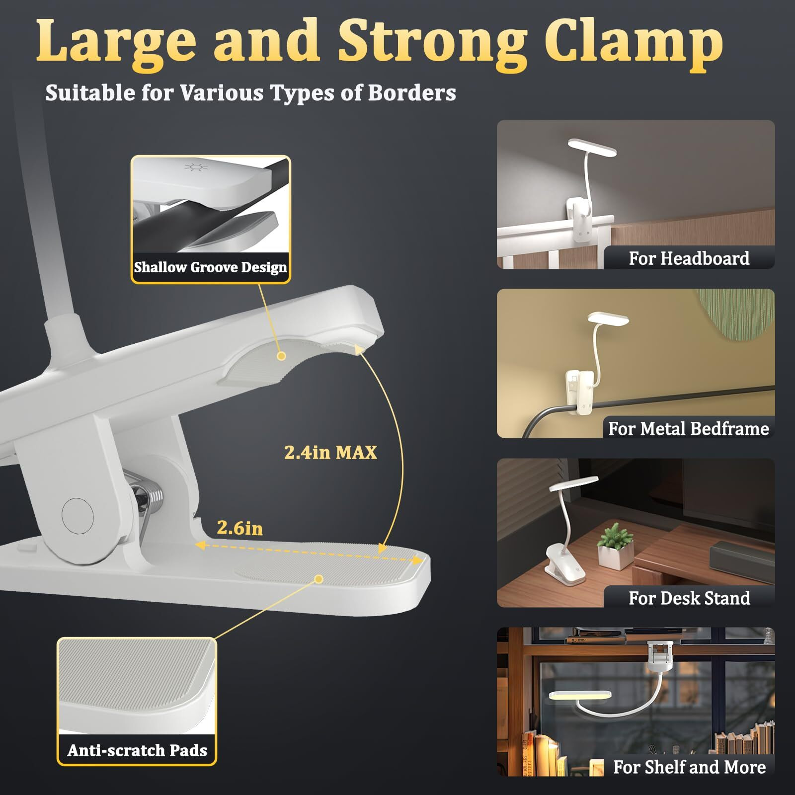 Hecdstly Desk Lamp Battery Operated, Clip On Usb Rechargeable Reading Light For Headboard With Large Clamp, 25 Models Adjustable Cordless Touch Light For Bed Frame Bunk Dorm Table Bedside (White)