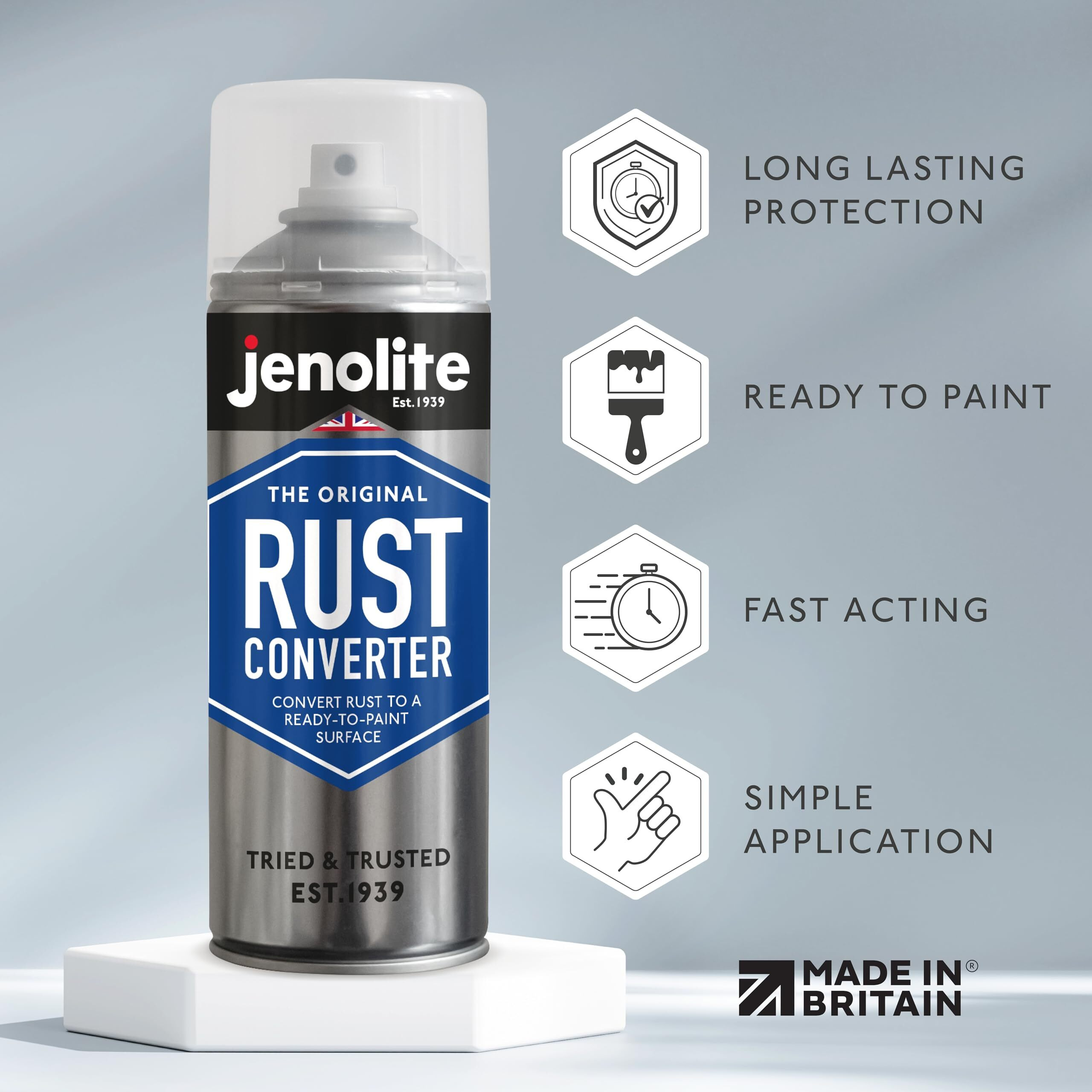 Jenolite Rust Converter Aerosol | Rust Treatment | Reforms Rust Into Ready To Paint Surface | Simply Spray On Rusted Surfaces | Epoxy Based Formula | 400Ml (13.52 Fl Oz)