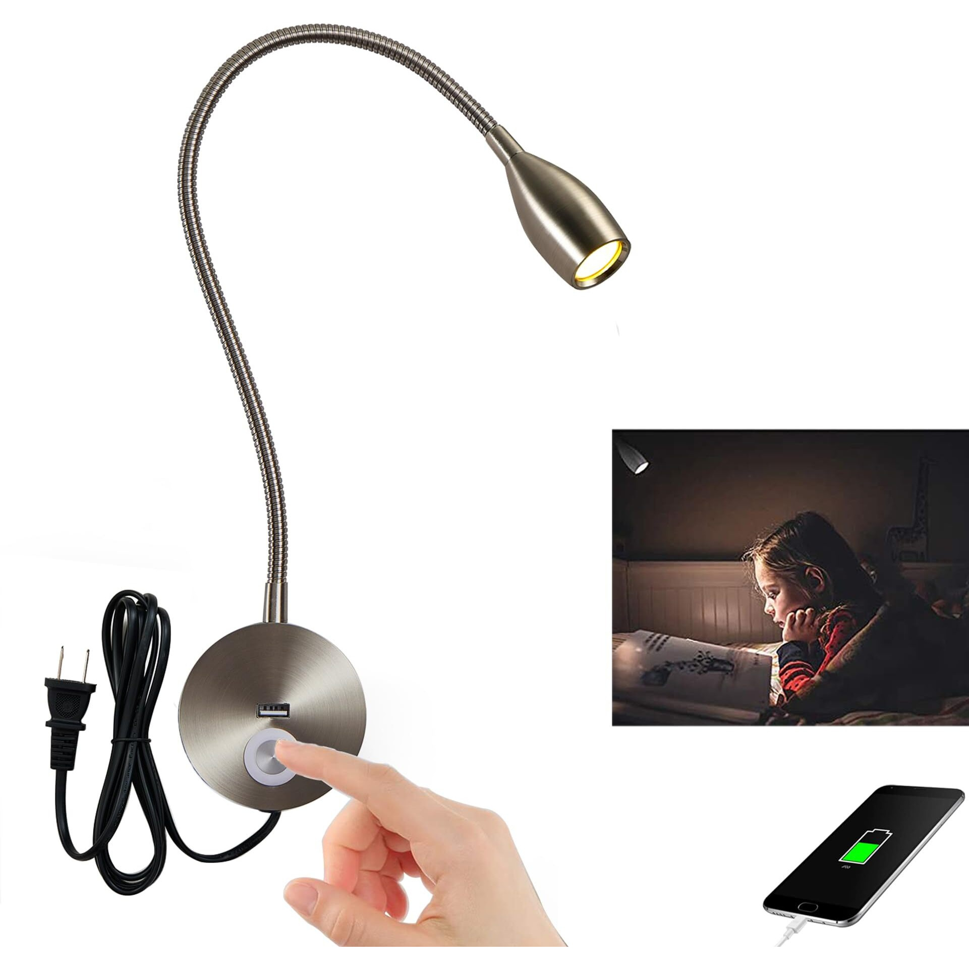 Crisetek Touch Switch Dimmable Reading Light Wall Mounted Reading Light Headboard Reading Light Task Directional Led Gooseneck Light Ac (120V) Powered 3W (Brushed Nickel, Warm White)