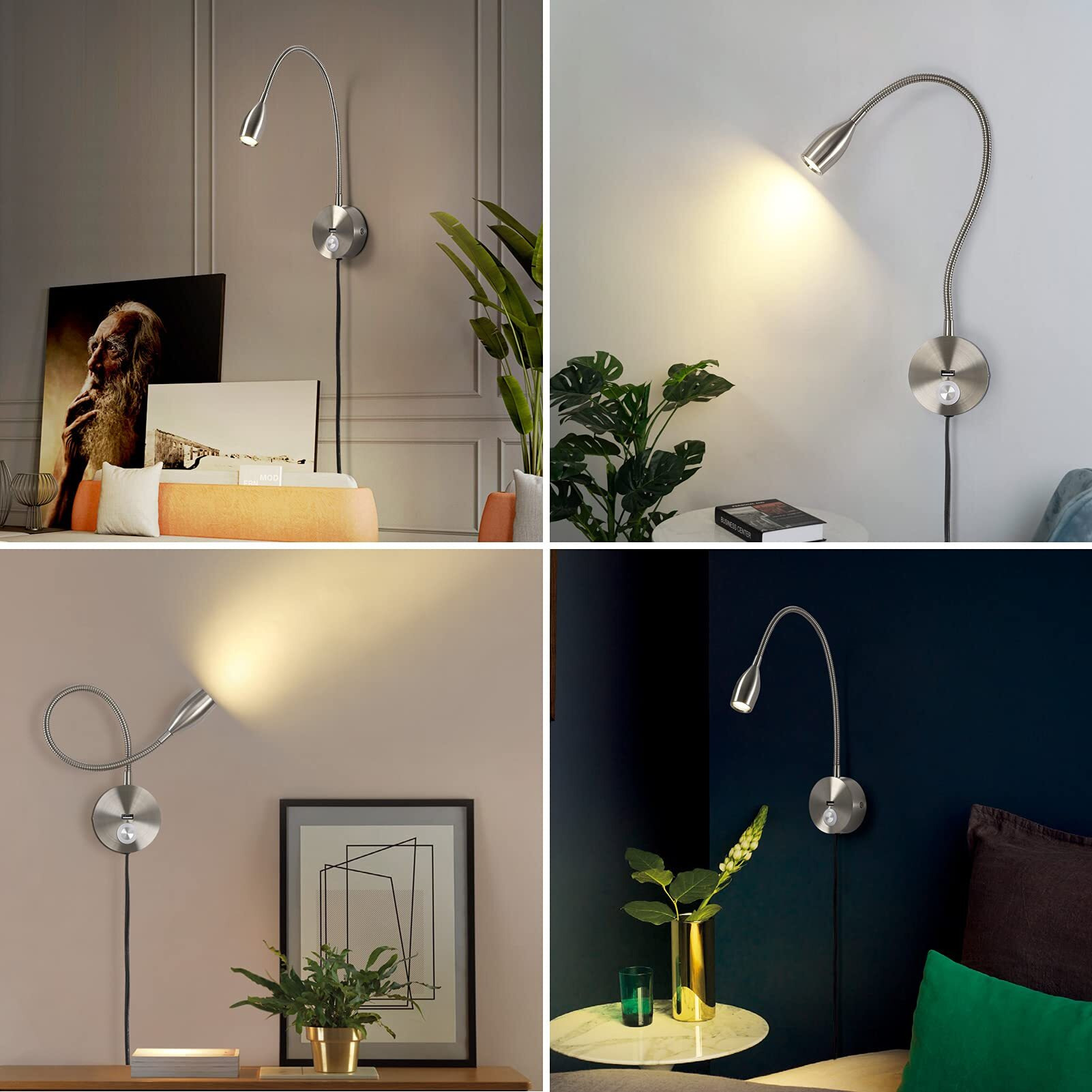 Crisetek Touch Switch Dimmable Reading Light Wall Mounted Reading Light Headboard Reading Light Task Directional Led Gooseneck Light Ac (120V) Powered 3W (Brushed Nickel, Warm White)