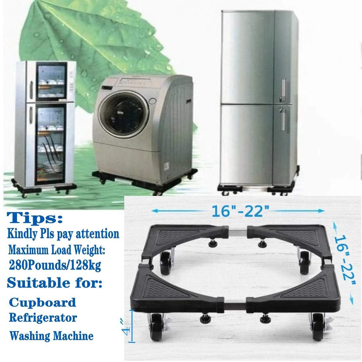 Movable Base Size Adjustable Washing Machine Base For Dryer Refrigerator Telescopic Furniture Dolly Roller With Swivel Locking Casters (4 Wheels) 16-22""