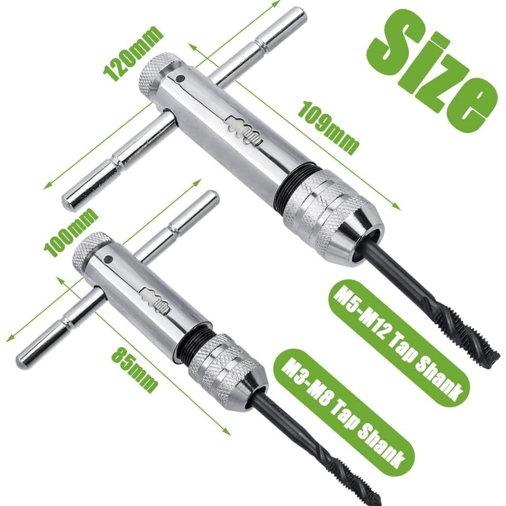 Bestgle 2Pcs Ratchet T Handle Tap Wrench, Adjustable T Bar Handle Holder Ratcheting Tap Wrench For Metric M3-M8 / M5-M12 Thread Screw Taps