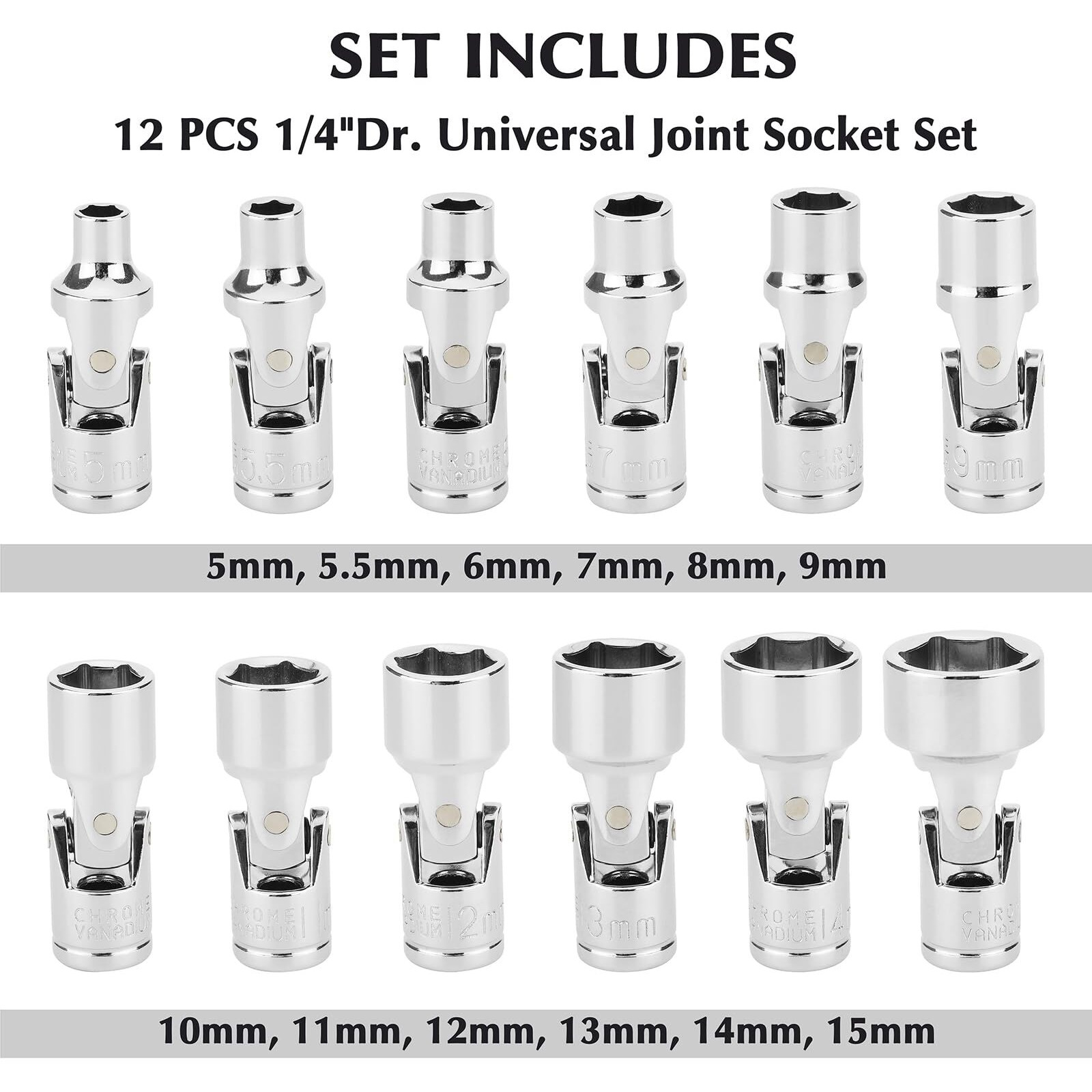 Ementol 12Pcs 1/4"" Drive Universal Joint Socket Set, 6 Point, Metric Universal Flex Socket Set, Cr-V, Swivel Head, 5Mm - 15Mm