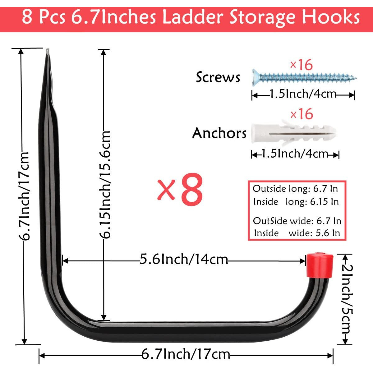 Naikozmo 8 Pack Heavy Duty Garage Storage Utility Hooks, 6.7Inch Wall Hangers Ladder Hooks For Garden Tool, Bike, Chair, Hose, Outdoor Or Indoor 6.7 X 6.7 X 0.5 Inches
