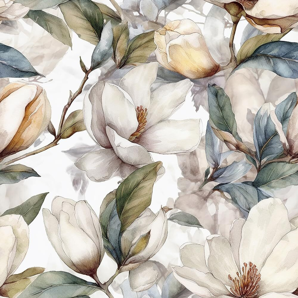 Redamancy White Waterolor Magnolia Floral Green/Blue Leaf Tree Plants Peel And Stick Wallpaper Stick On Contact Paper Vintage Wall Paper Easy Peel Off For Nightstand Drawer Cabinet Renter