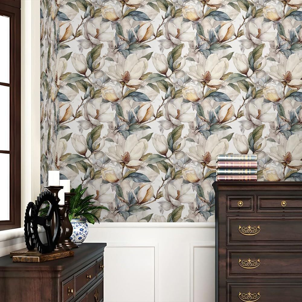 Redamancy White Waterolor Magnolia Floral Green/Blue Leaf Tree Plants Peel And Stick Wallpaper Stick On Contact Paper Vintage Wall Paper Easy Peel Off For Nightstand Drawer Cabinet Renter