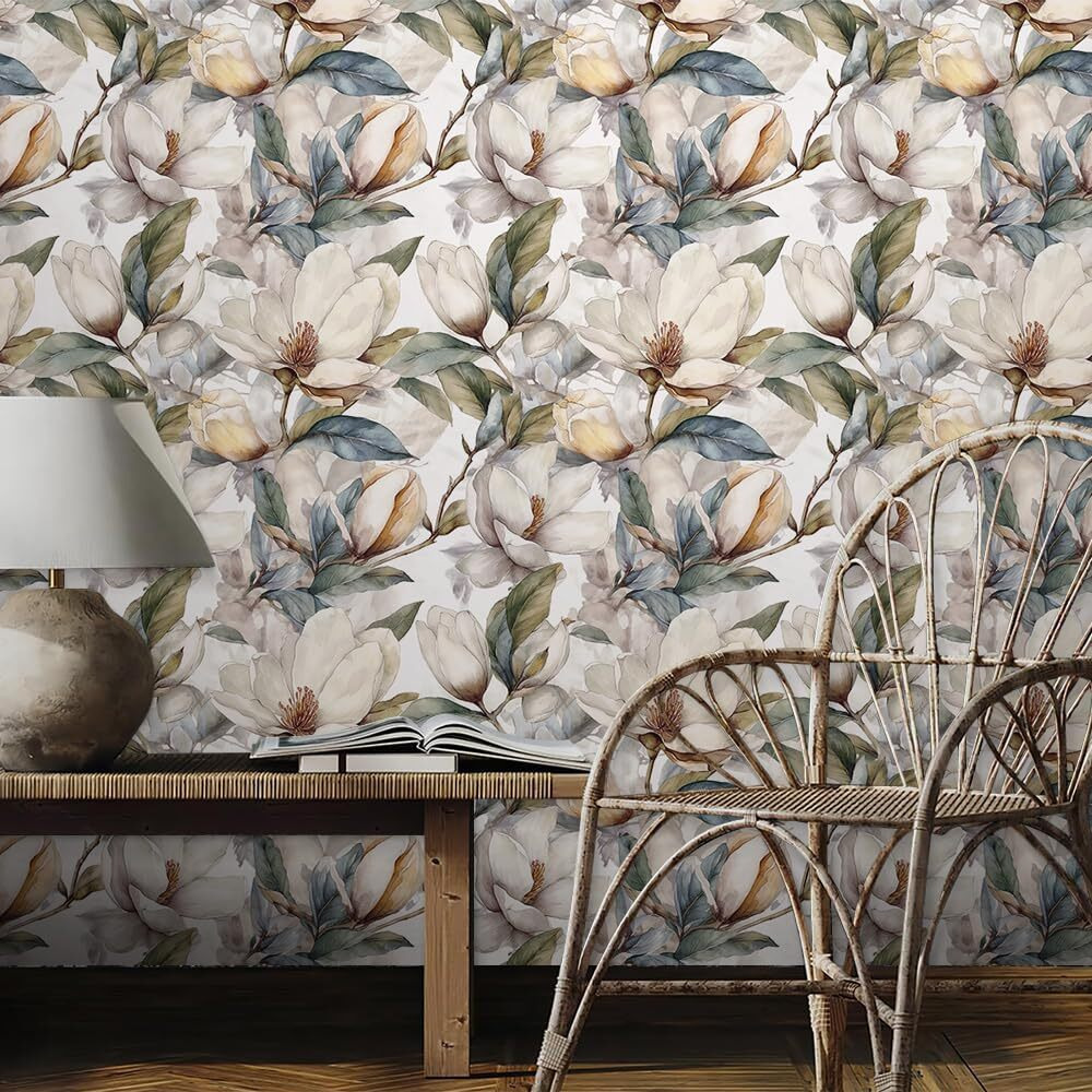 Redamancy White Waterolor Magnolia Floral Green/Blue Leaf Tree Plants Peel And Stick Wallpaper Stick On Contact Paper Vintage Wall Paper Easy Peel Off For Nightstand Drawer Cabinet Renter