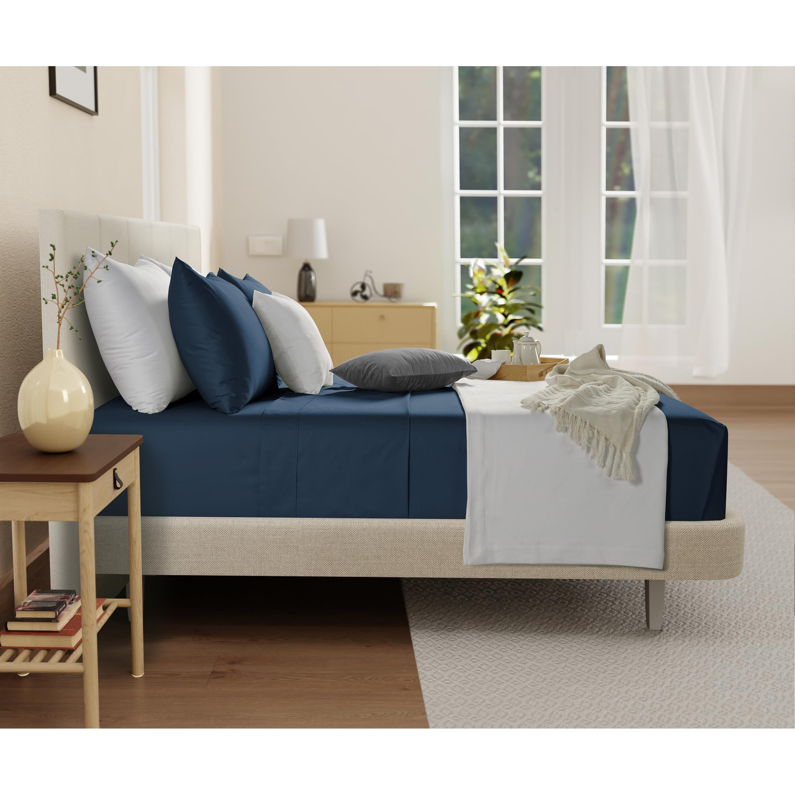 100% Organic Cotton King Sheets Deep Pocket - 300 Tc Gots Certified King Sheets Set Cotton, Sateen Weave King Size Cooling Sheets, Breathable King Size Luxury Sheets For King Size Bed- Navy