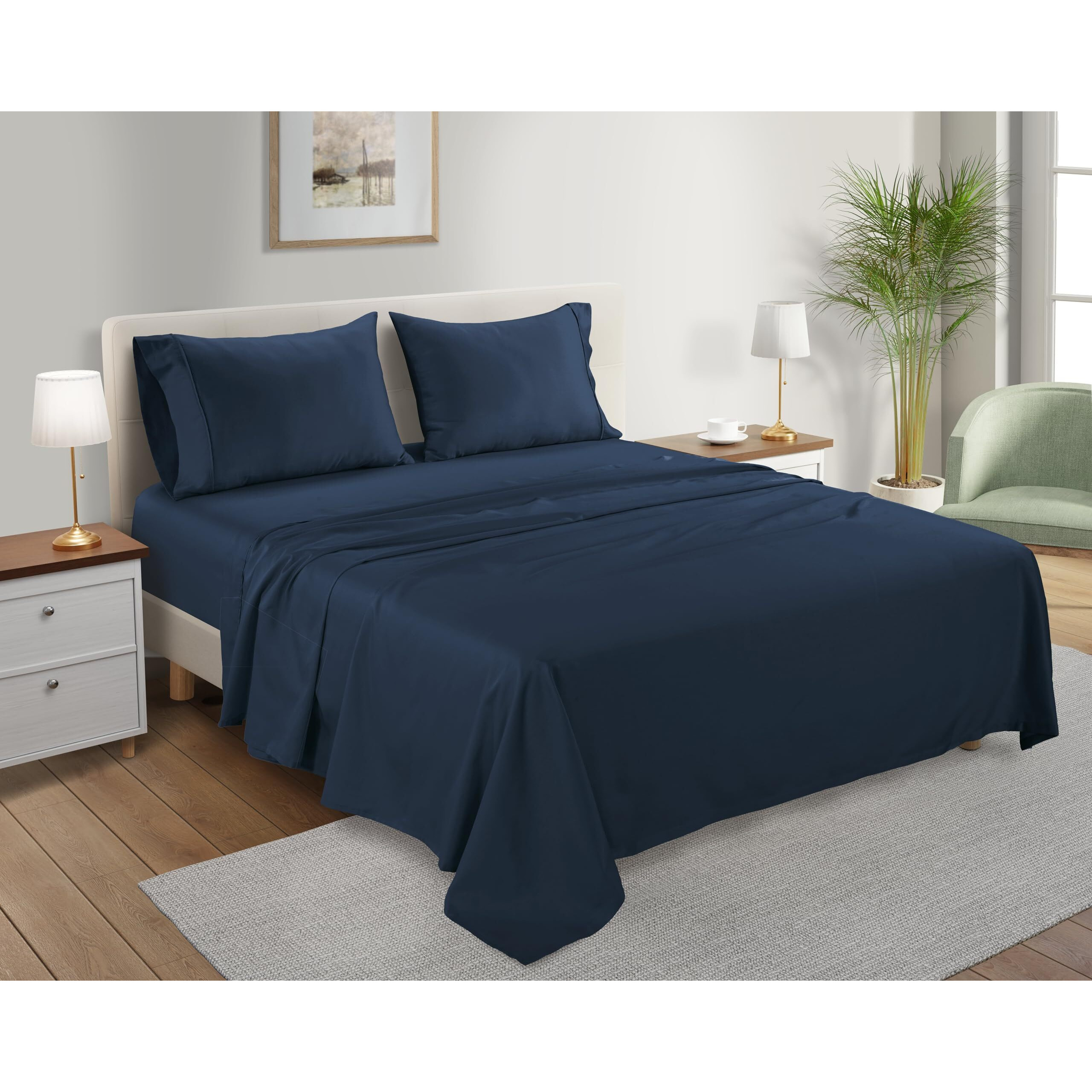 100% Organic Cotton King Sheets Deep Pocket - 300 Tc Gots Certified King Sheets Set Cotton, Sateen Weave King Size Cooling Sheets, Breathable King Size Luxury Sheets For King Size Bed- Navy