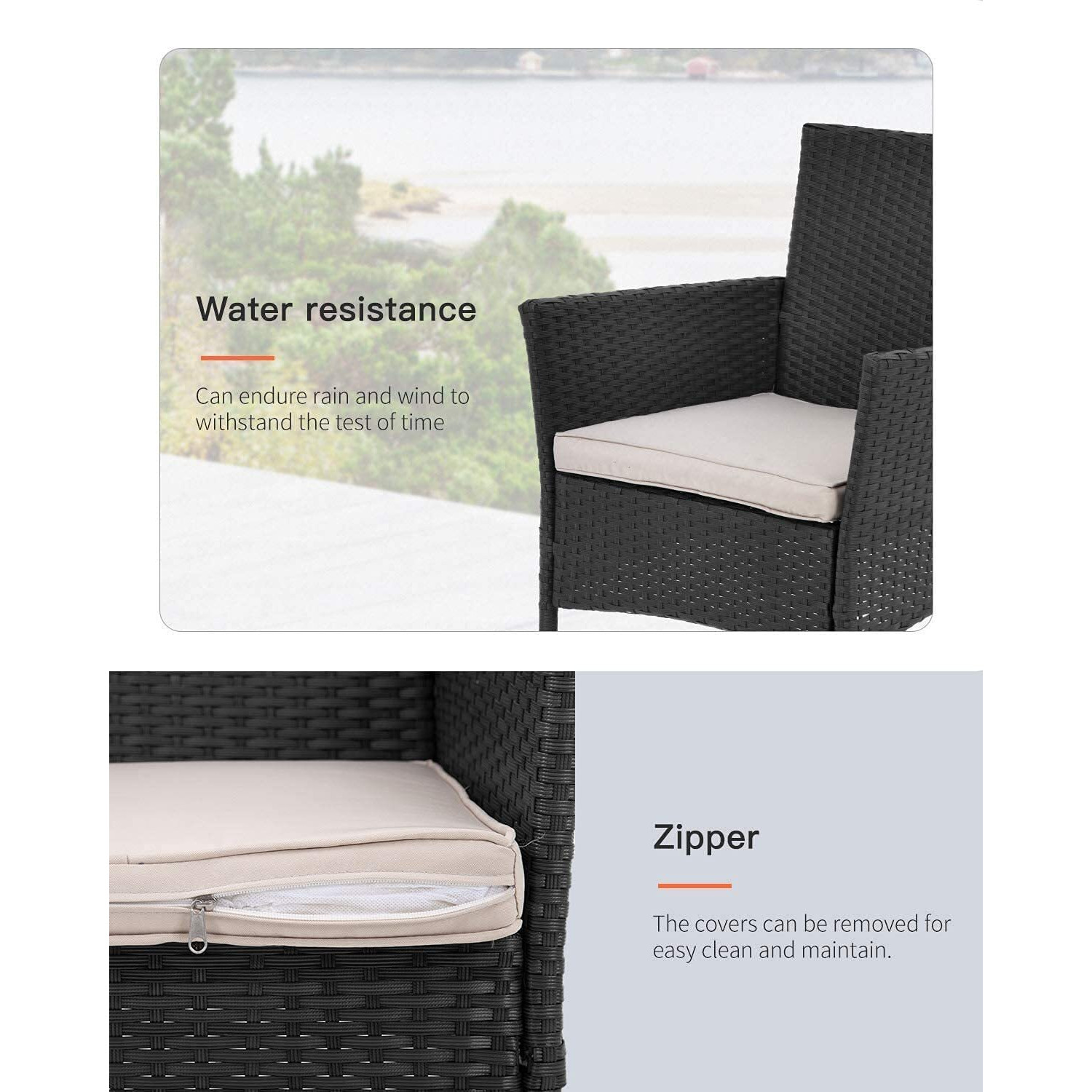Fdw Patio Furniture Set Outdoor Furniture Wicker Bistro Rattan Chair Conversation Sets With Coffee Table For Yard Backyard Lawn Porch Poolside Balcony,Black And Beige