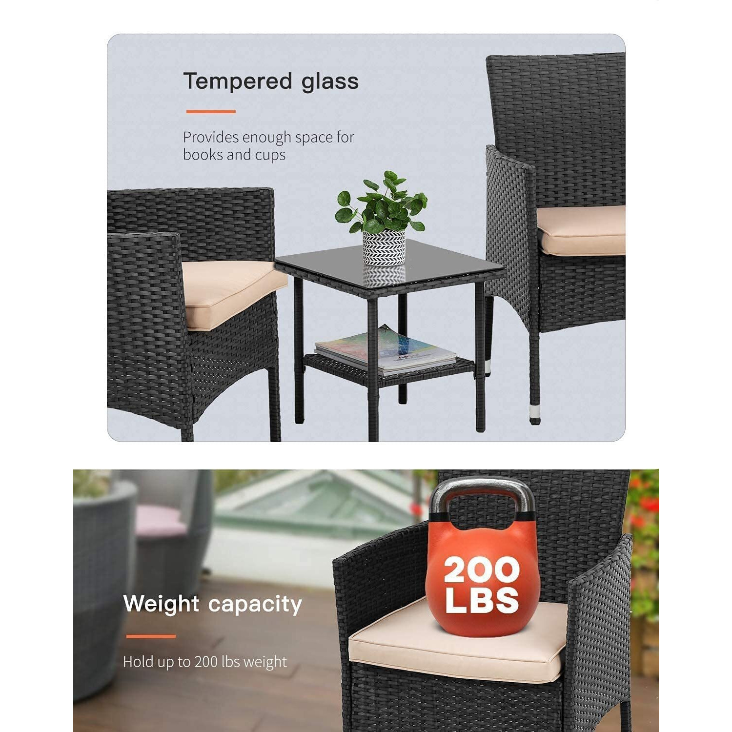 Fdw Patio Furniture Set Outdoor Furniture Wicker Bistro Rattan Chair Conversation Sets With Coffee Table For Yard Backyard Lawn Porch Poolside Balcony,Black And Beige