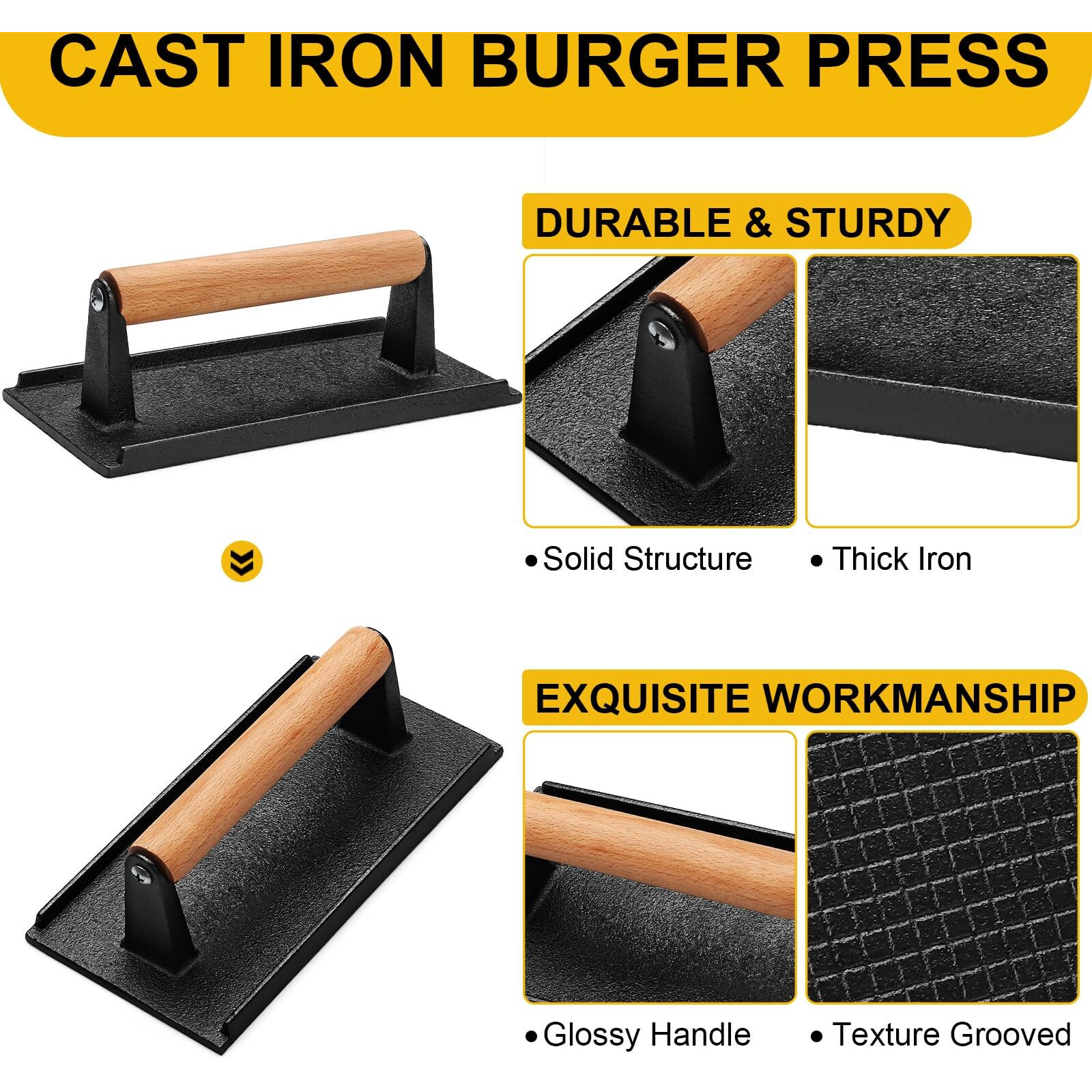 Aiviki Burger Press, Smash Burger Press For Blackstone Griddle, Heavy Duty Cast Iron Rectangular 8.2X4.2In Bacon Grill Press With Wood Handle, Meat Steak Weight For Sandwich, Paninis (Rectangle)
