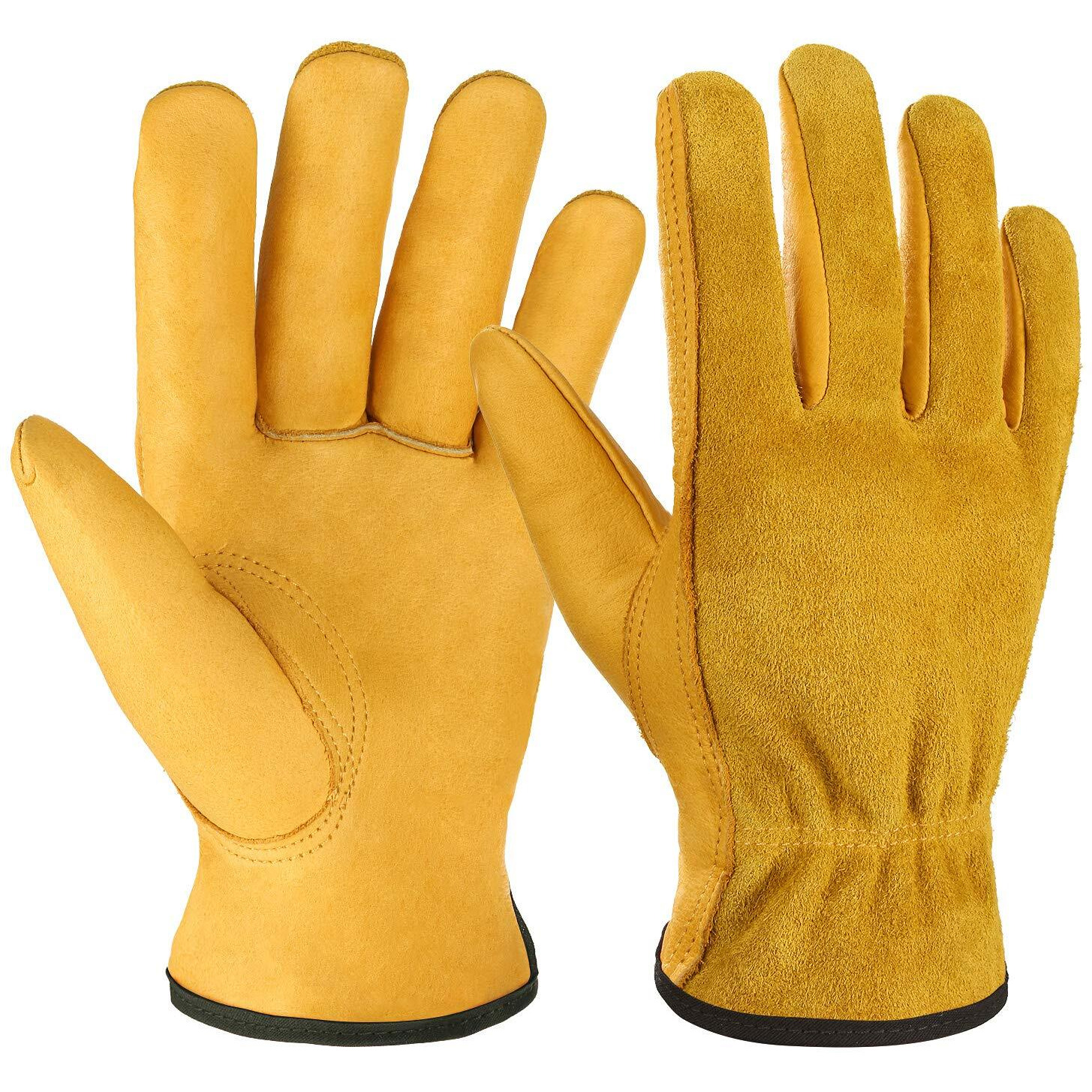 Ozero Leather Work Gloves Flex Grip Tough Cowhide Gardening Glove For Wood Cutting/Construction/Truck Driving/Garden/Yard Working For Men And Women 1 Pair (Gold,Medium)