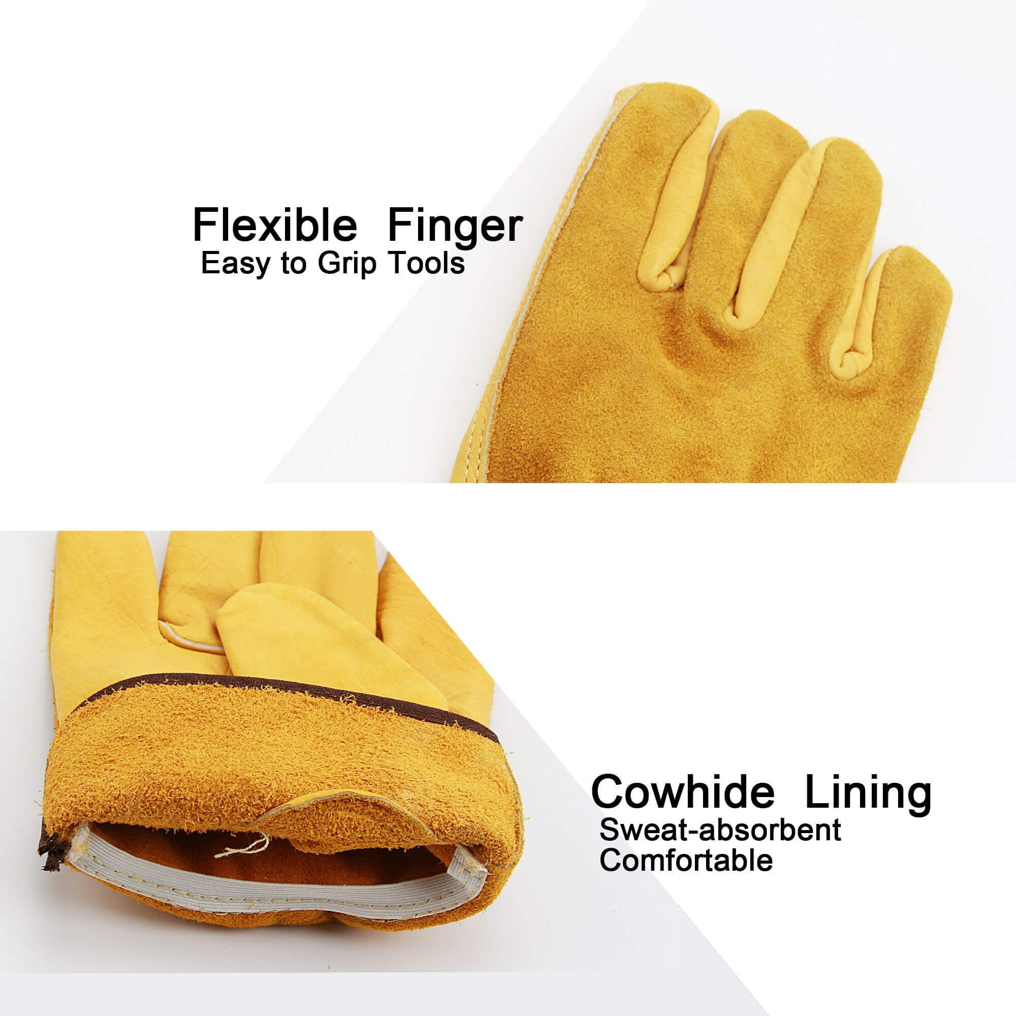 Ozero Leather Work Gloves Flex Grip Tough Cowhide Gardening Glove For Wood Cutting/Construction/Truck Driving/Garden/Yard Working For Men And Women 1 Pair (Gold,Medium)