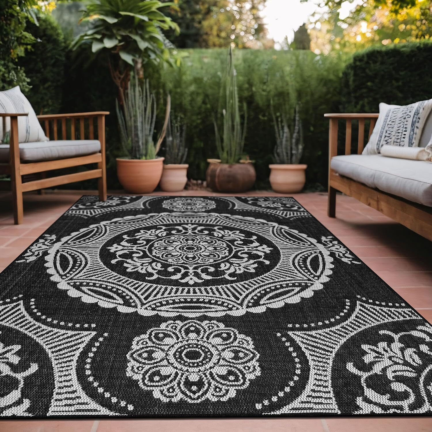 Luul Home Medallion Outdoor Rug 9X12 Washable Outside Carpet For Indoor Patio Porch Waterproof Easy Cleaning Non Shedding Area Rugs Black 9 X 12