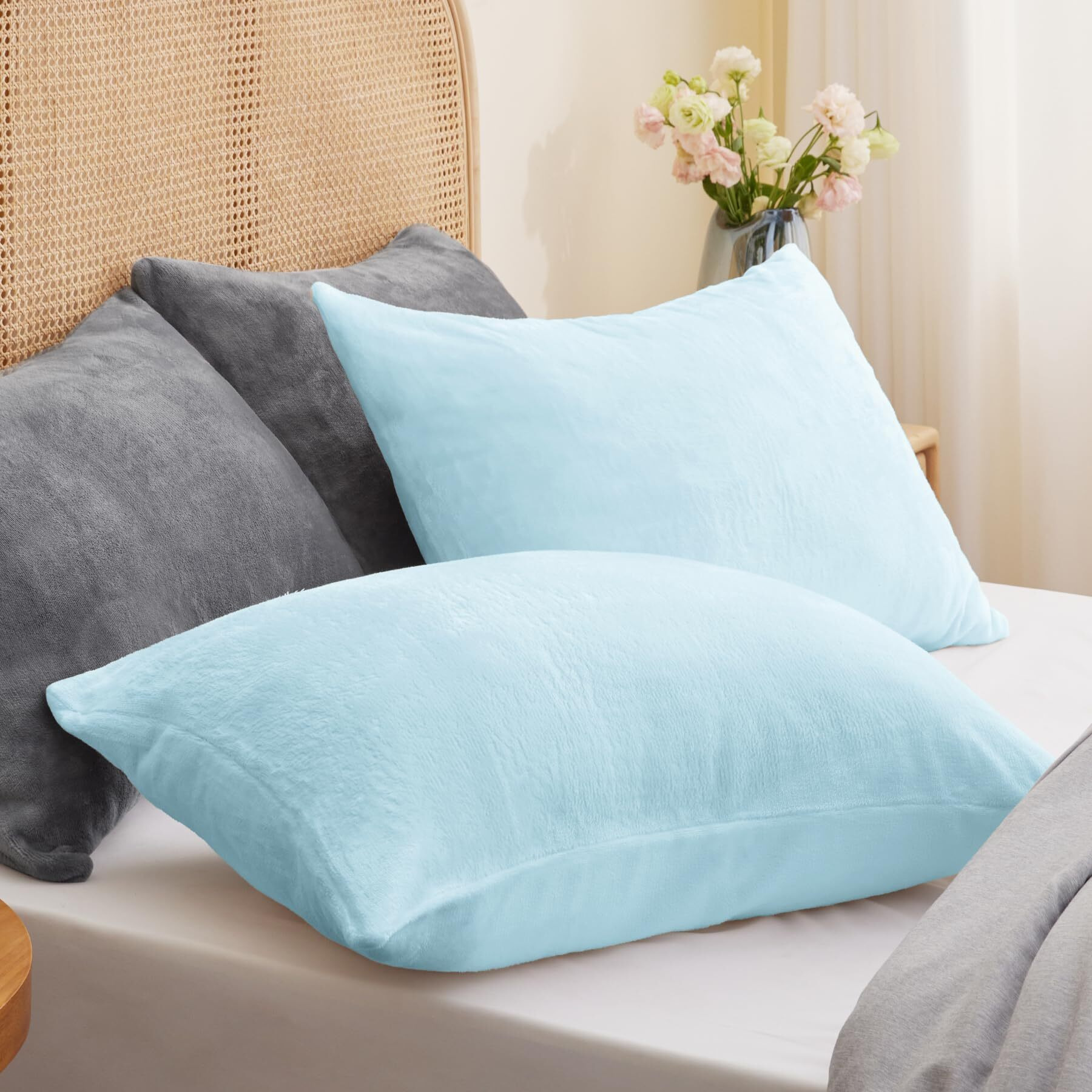 Bedelite Flannel Pillow Cases Queen Size Set Of 2, Super Soft Fleece Pillow Case Cover With Zipper For Bedroom, Sofa, Couch,Luxury Cozy Fuzzy Velvet Pillow Shams For All Seasons(20X30 Inches,Blue)