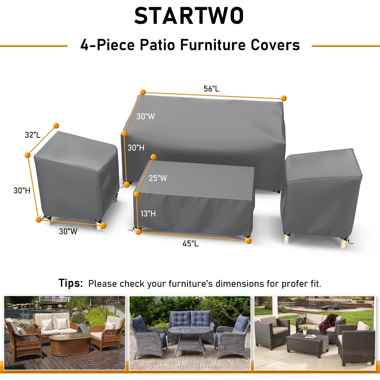 Startwo Outdoor Furniture Cover Waterproof, Patio Furniture Covers 4 Piece Set, Heavy Duty 600D Patio Furniture Set Cover For Chairs, Couch, Table Coffee, Grey