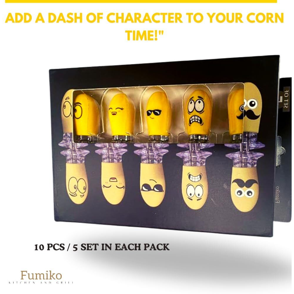Fumiko's Unique Corn Holders For Corn On The Cob - 10 Pcs/5 Corn Cob Holders Set, Fun Faces, Interlocking Corn Holder Set Making Your Corn On The Cob Experience Even More Entertaining