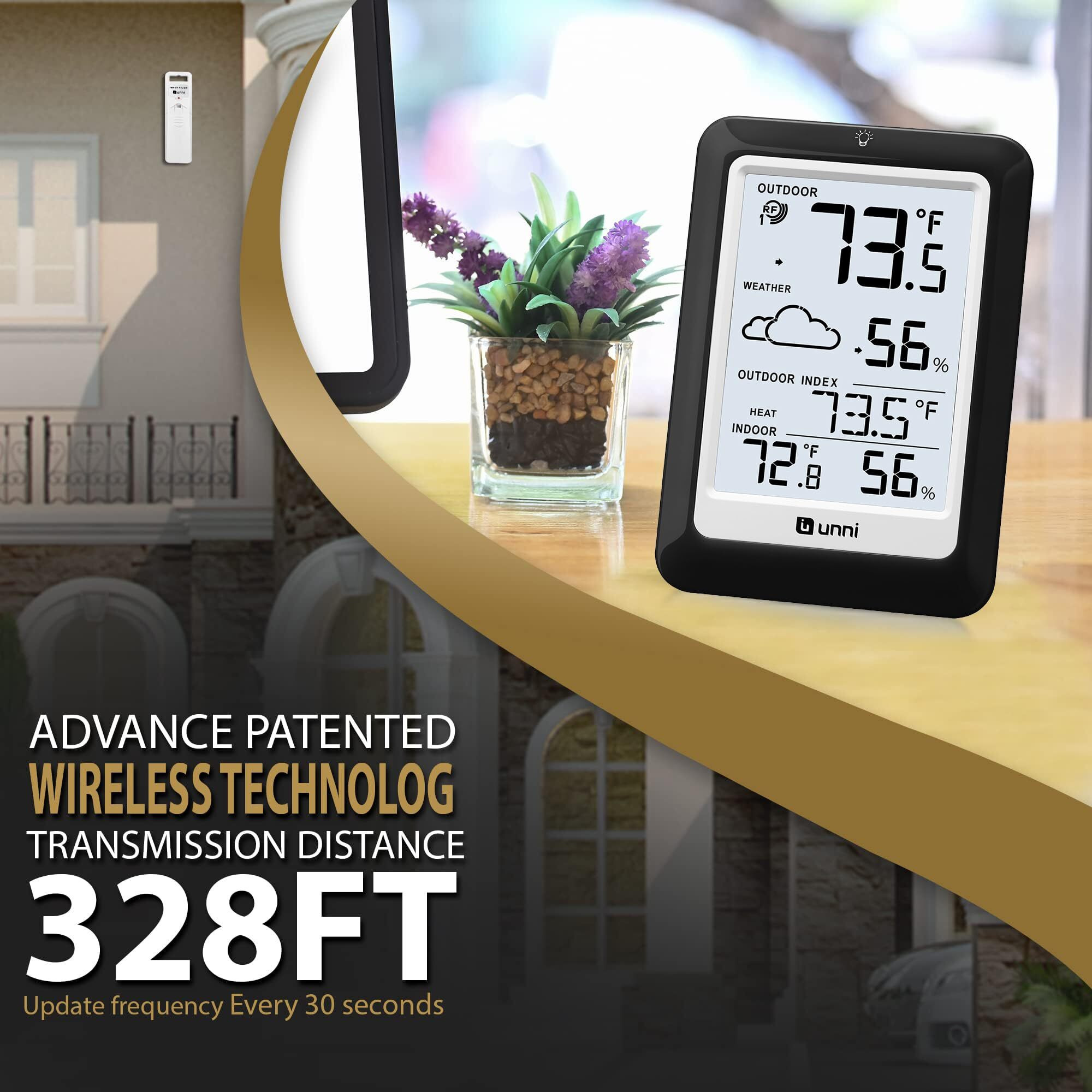 Indoor Outdoor Thermometer Hygrometer Wireless Weather Station, Temperature Humidity Monitor Battery Powered Inside Outside Thermometers With 330Ft Range Remote Sensor(Black)
