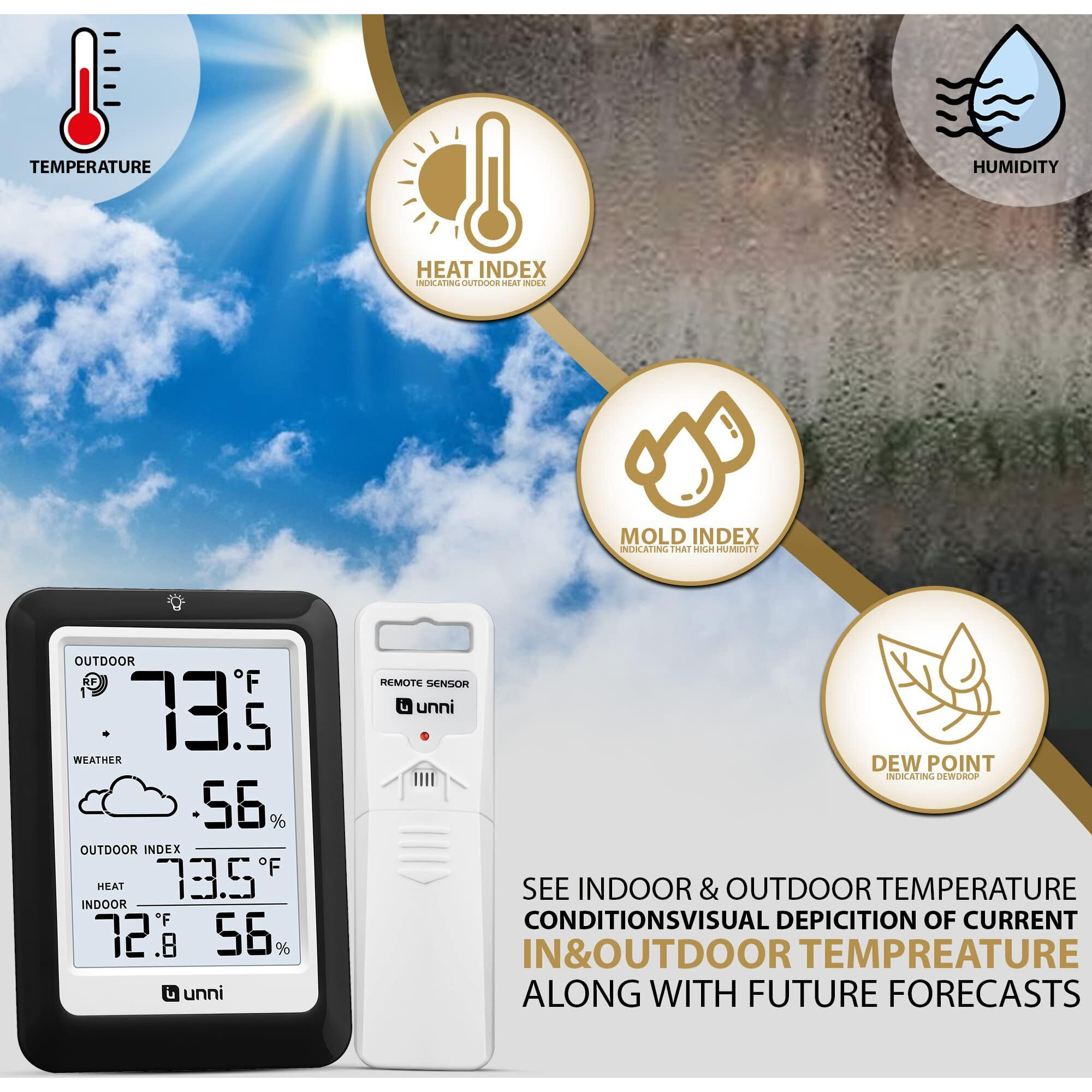 Indoor Outdoor Thermometer Hygrometer Wireless Weather Station, Temperature Humidity Monitor Battery Powered Inside Outside Thermometers With 330Ft Range Remote Sensor(Black)